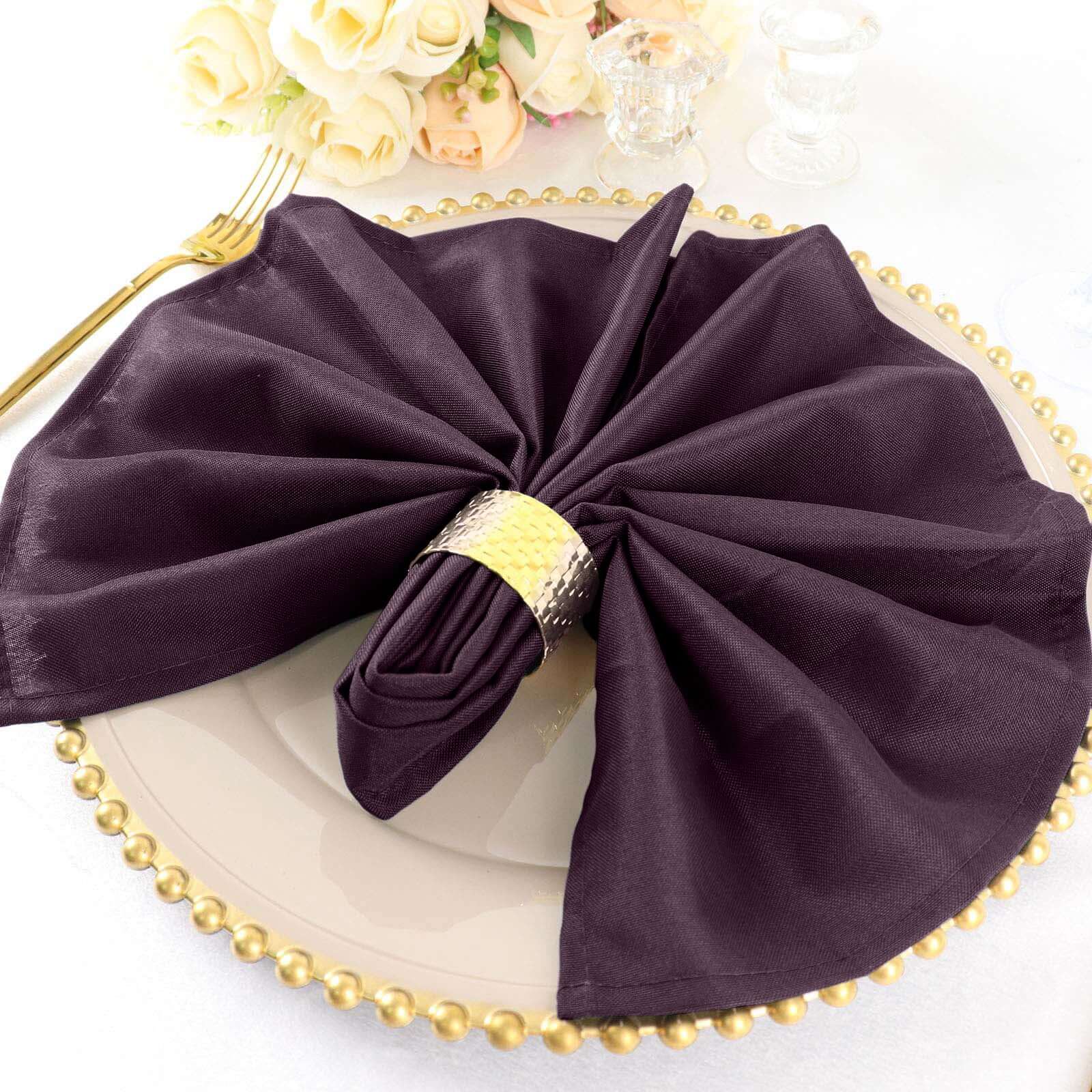 5 Pack Eggplant Cloth Napkins with Hemmed Edges, Reusable Polyester Dinner Linen Napkins - 20"x20"