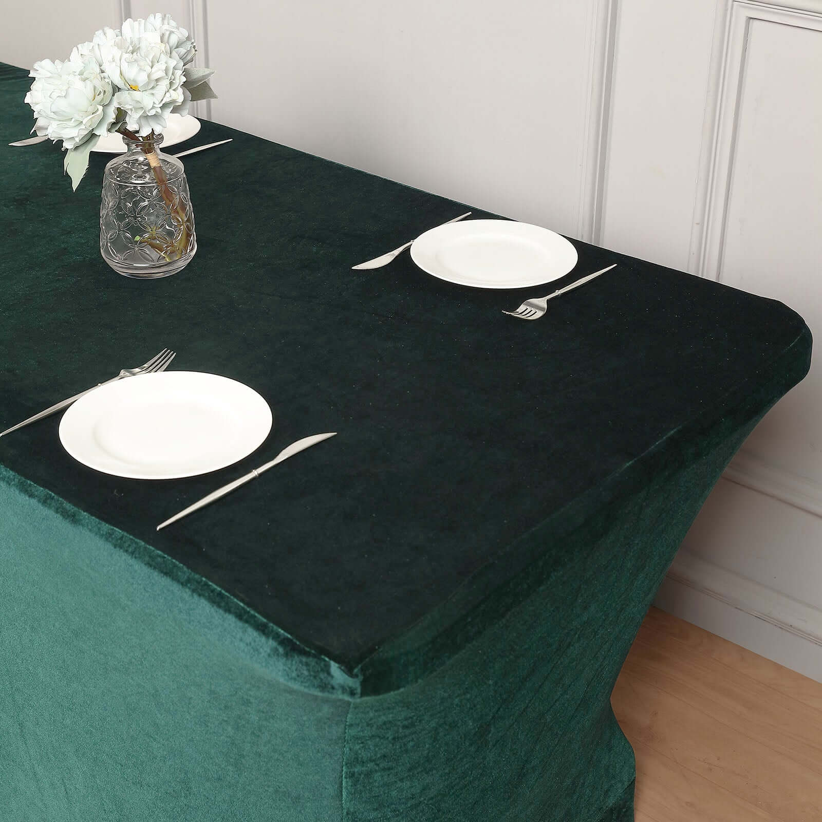 Velvet Spandex 6ft Rectangle Tablecloth Hunter Emerald Green - Fitted Wrinkle-Free Design for 72"x30" Tables