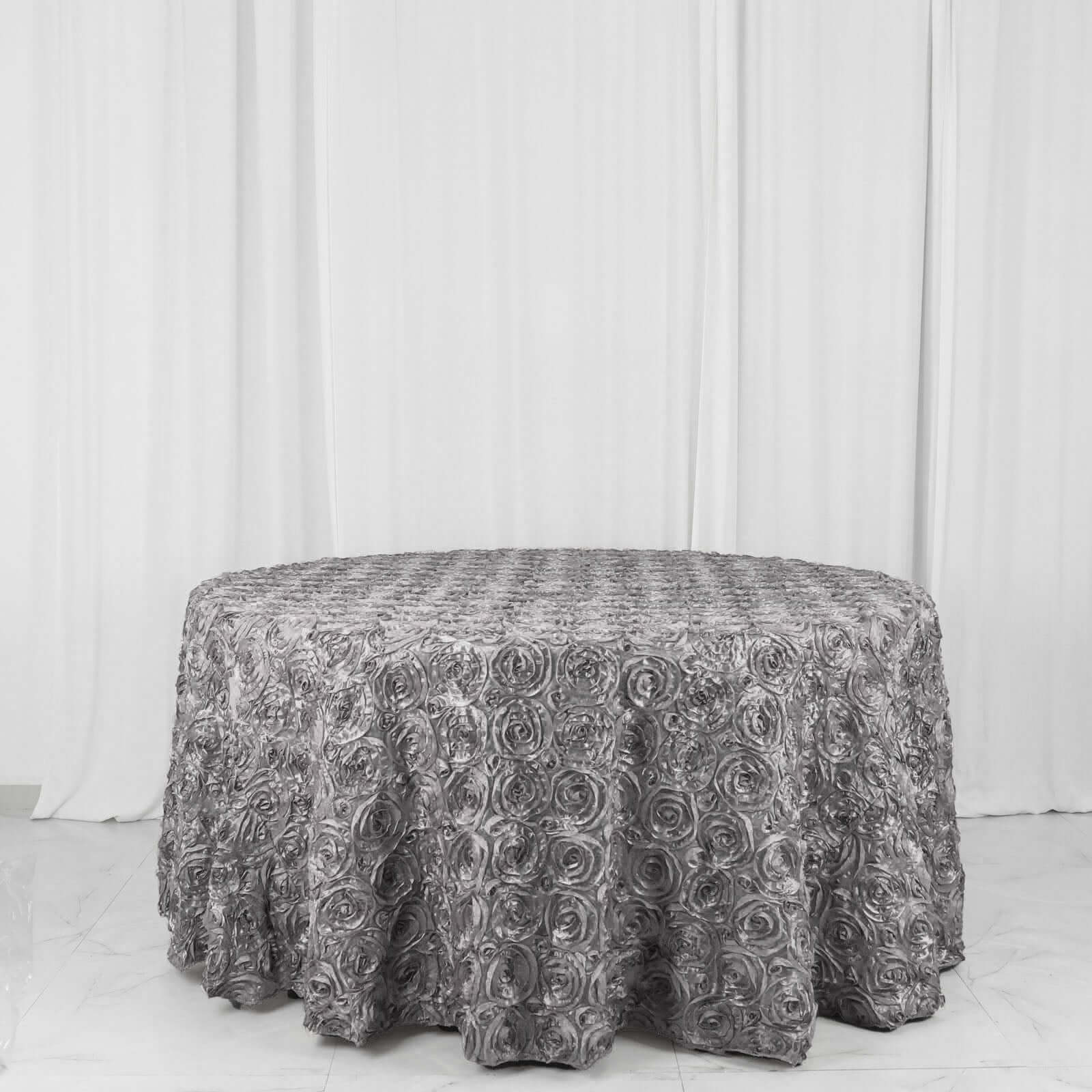 Satin 120" Round Tablecloth Silver - Grandiose 3D Rosette Design with Seamless Finish for Luxe Events