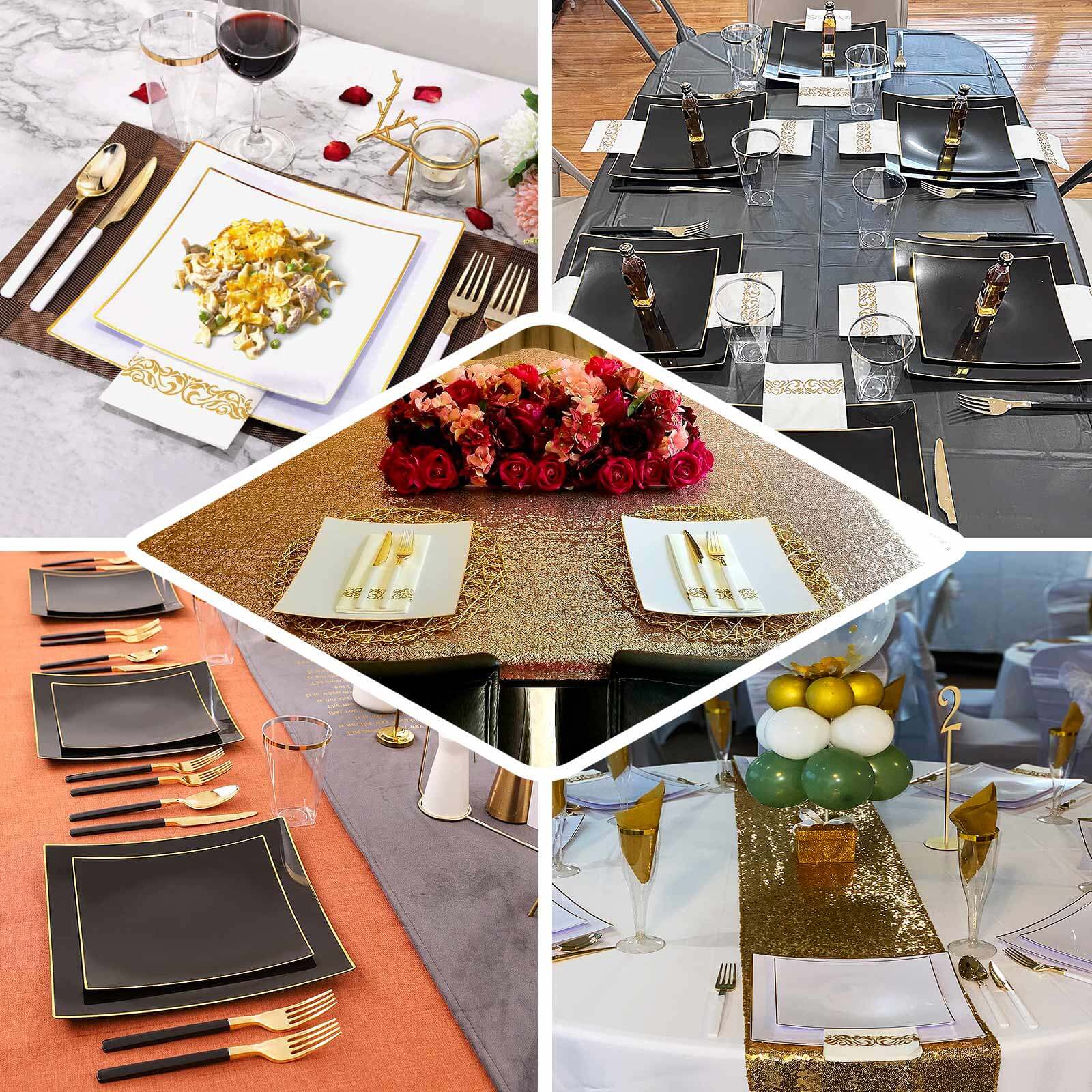 10-Pack Plastic 8" Square Dessert Plates in Taupe Concave Style with Gold Rim - Modern Disposable Salad Appetizer Party Plates