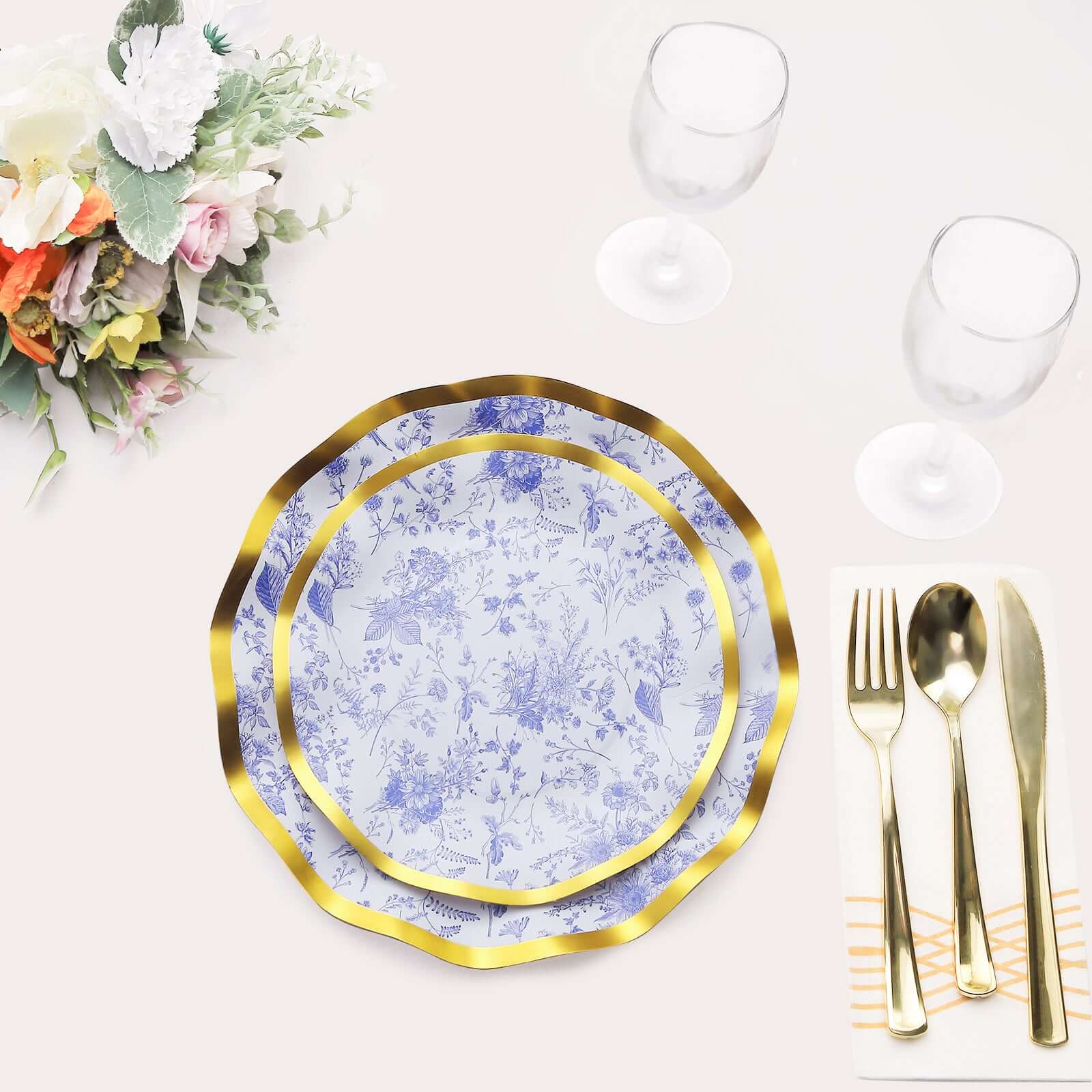 25-Pack Paper Round Dessert Plates 8" in White with Blue French Toile Pattern & Gold Wavy Rim - Disposable 350GSM Salad Plates
