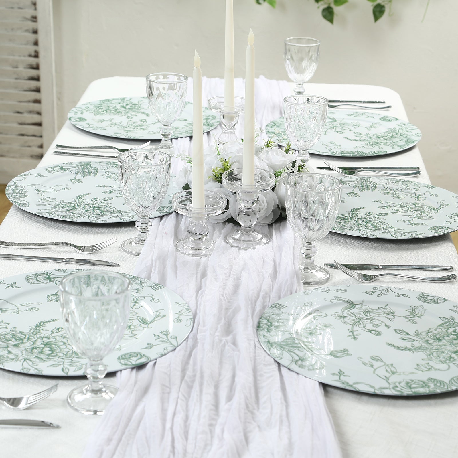 6 Pack Round Floral Acrylic Charger Plates in French Toile Pattern, 13" White Sage Green Dinner Charger Event Tabletop Decor