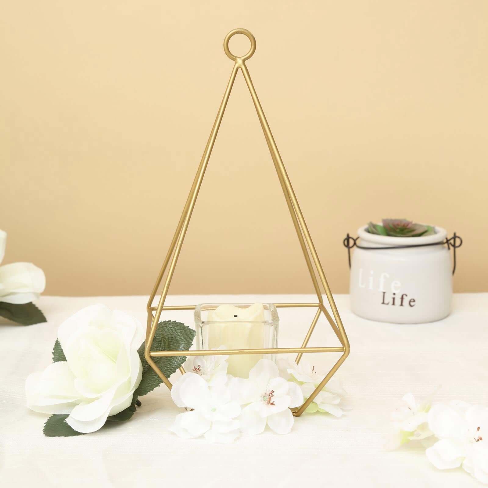 2-Pack Tealight Candle Holders Gold Metal Pyramid Geometric Open Frame - Flower Stand 9"