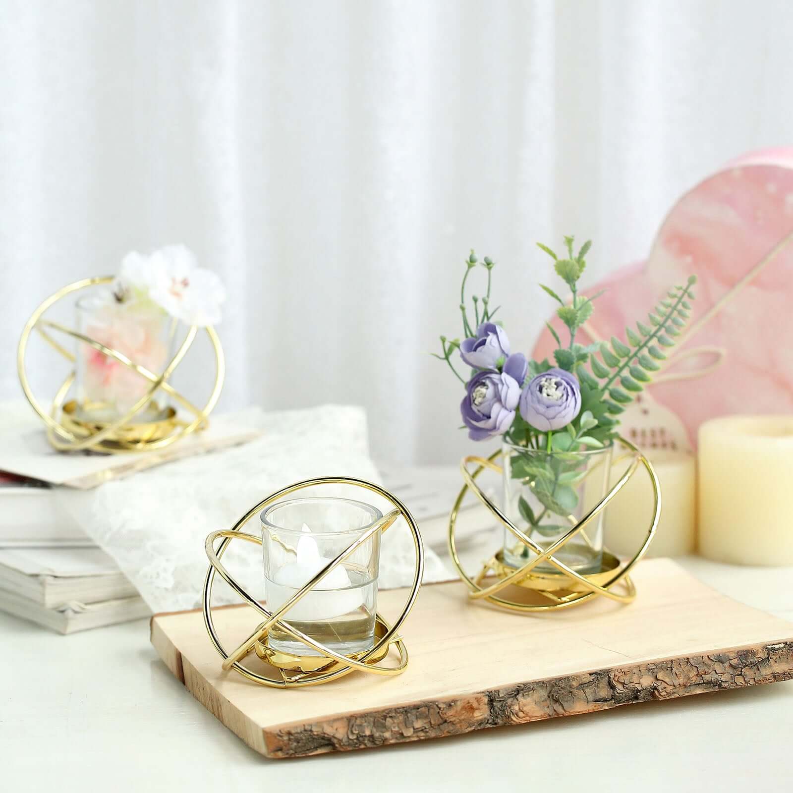 3-Pack Geometric Candle Holders Gold Metal Design with Bud Vase Votive Glass - Chic Wedding & Event Decor 3"