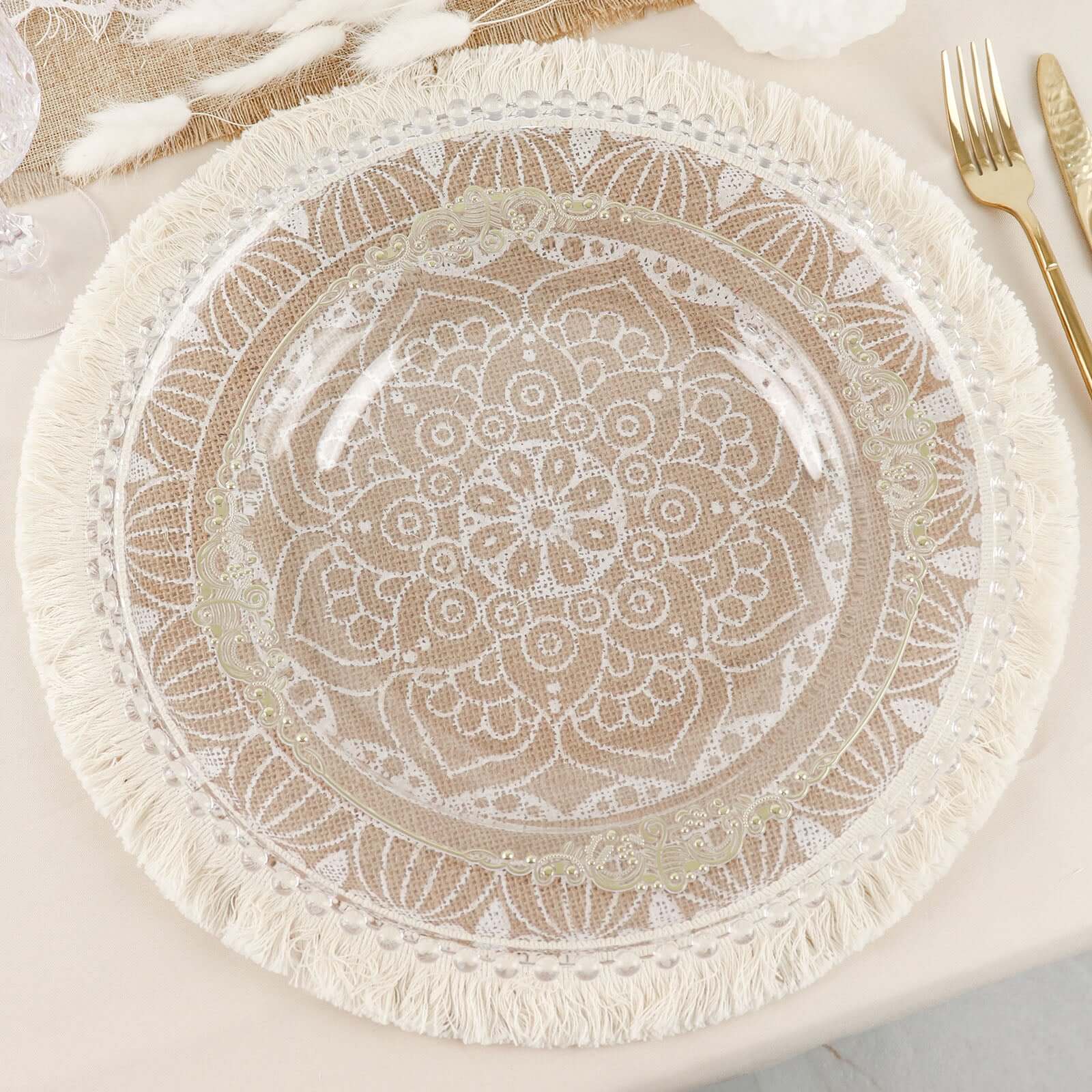 4-Pack Placemats Mandala Print Fringe Design Natural Jute and White Round - Rustic Burlap Tassel Style 15"