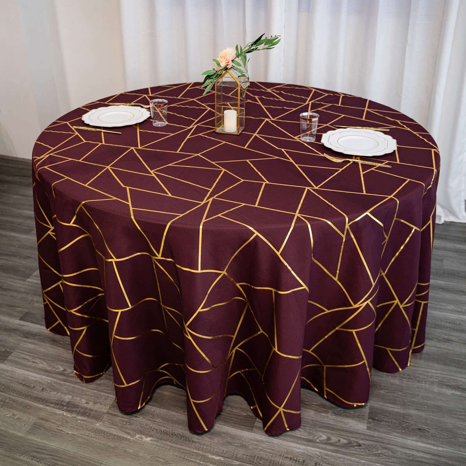 120" Burgundy Seamless Round Polyester Tablecloth With Gold Foil Geometric Pattern for 5 Foot Table With Floor-Length Drop