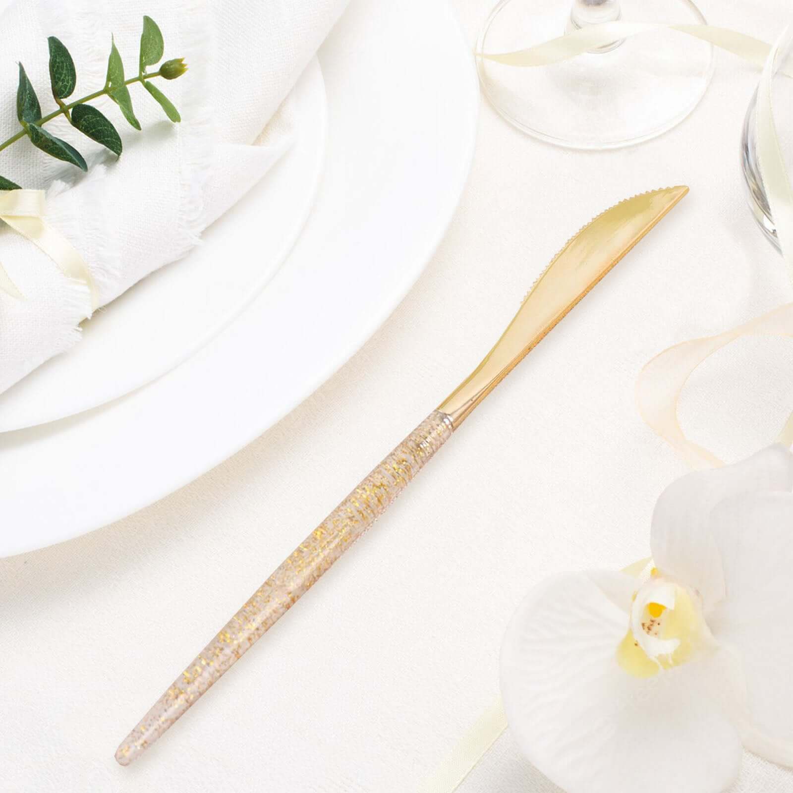 24-Pack Plastic Knives with Gold Glitter - Disposable Silverware Cutlery for Events