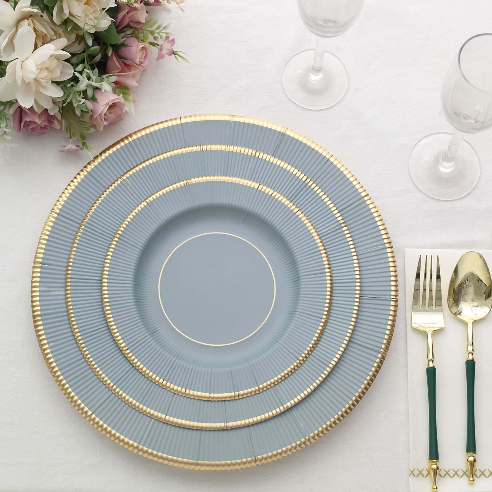 25-Pack Disposable Round Charger Plates in Dusty Blue Sunray Design with Gold Rim - 350GSM Heavy Duty Paper Chargers 13"