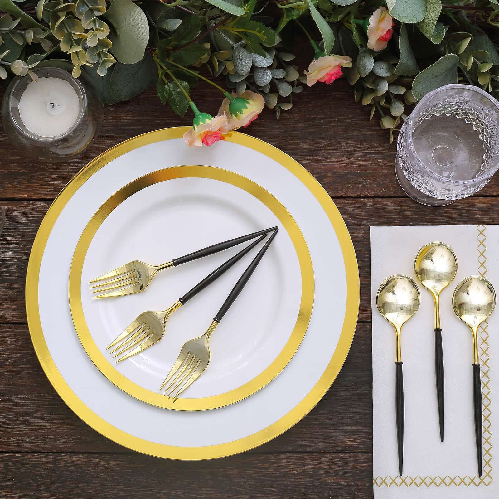 24-Pack Plastic Fork and Spoon Set Gold/Black - Heavy Duty Disposable Modern Utensils 6"