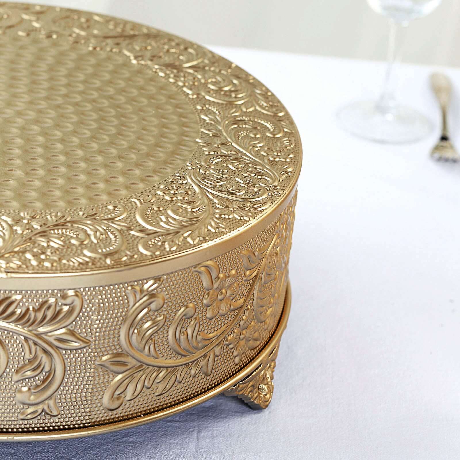 Metal 14" Round Cake Pedestal Stand Matte Gold - Cupcake Dessert Display Riser with Intricate Embossed Design for Upscale Events & Gatherings