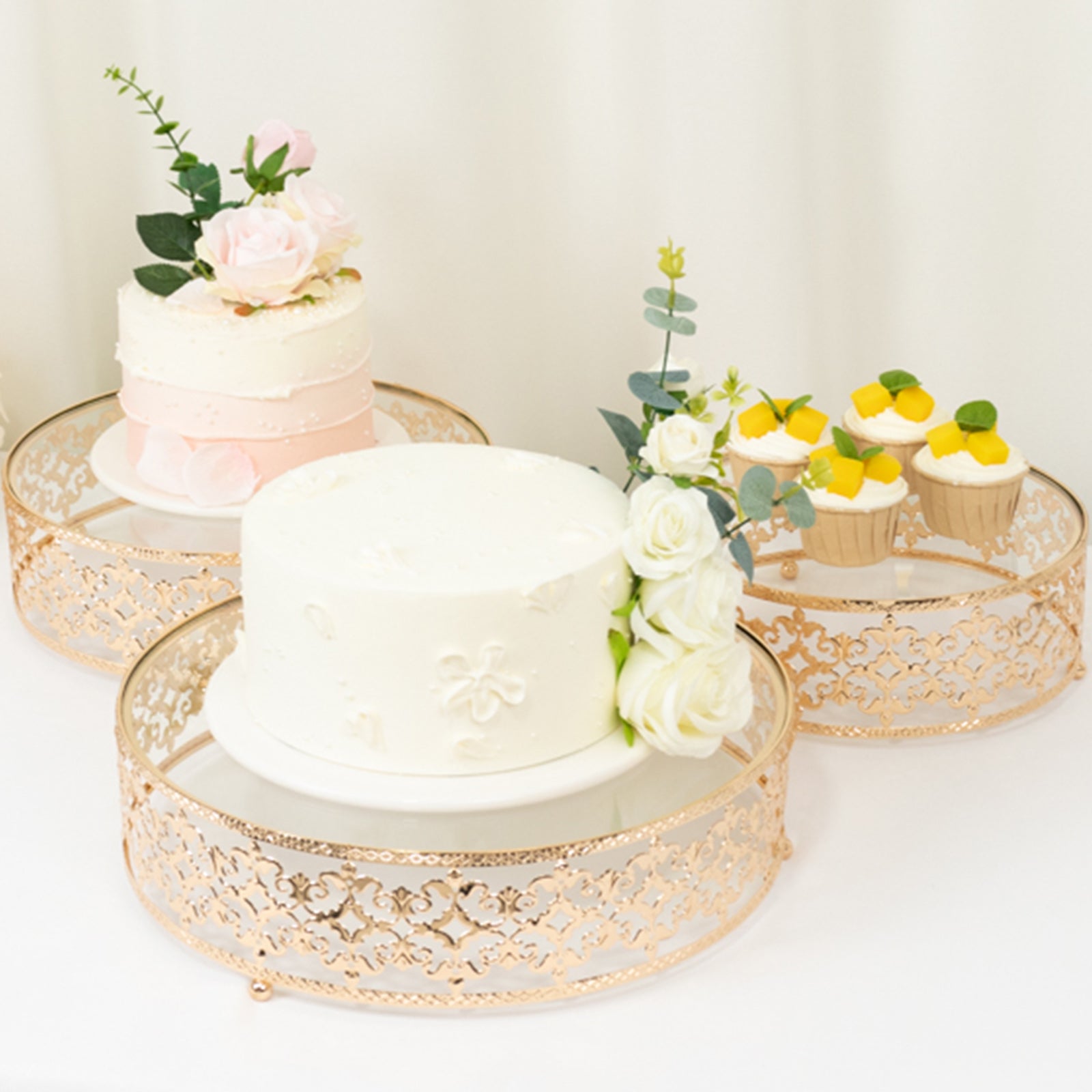Set of 3 Cake Stands Baroque Ornate Design with Glass Top Gold - Stackable Dessert Display Trays Metal 10", 12", 14"