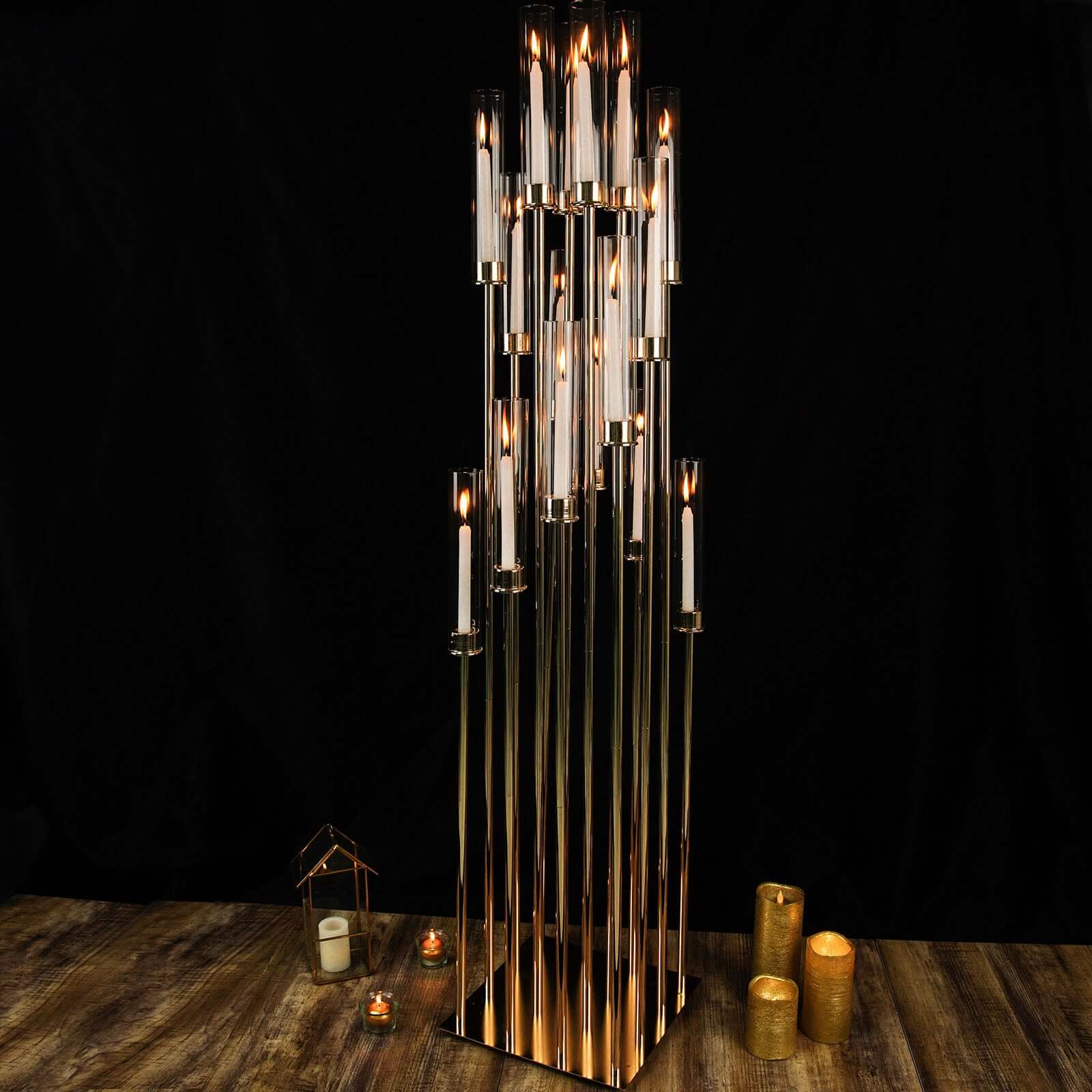 16-Arm Cluster Taper Candle Holder Gold with Clear Glass Shades - Stunning Large Candle Display for Venues 78"