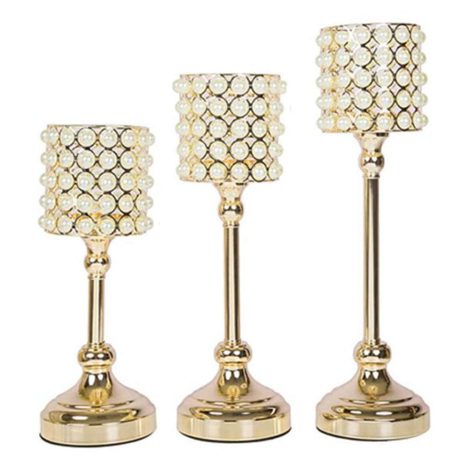 Set of 3 Votive Candle Holders White Pearl Beaded - Gold Sophisticated Small Pillar Stands 12", 14", 16"