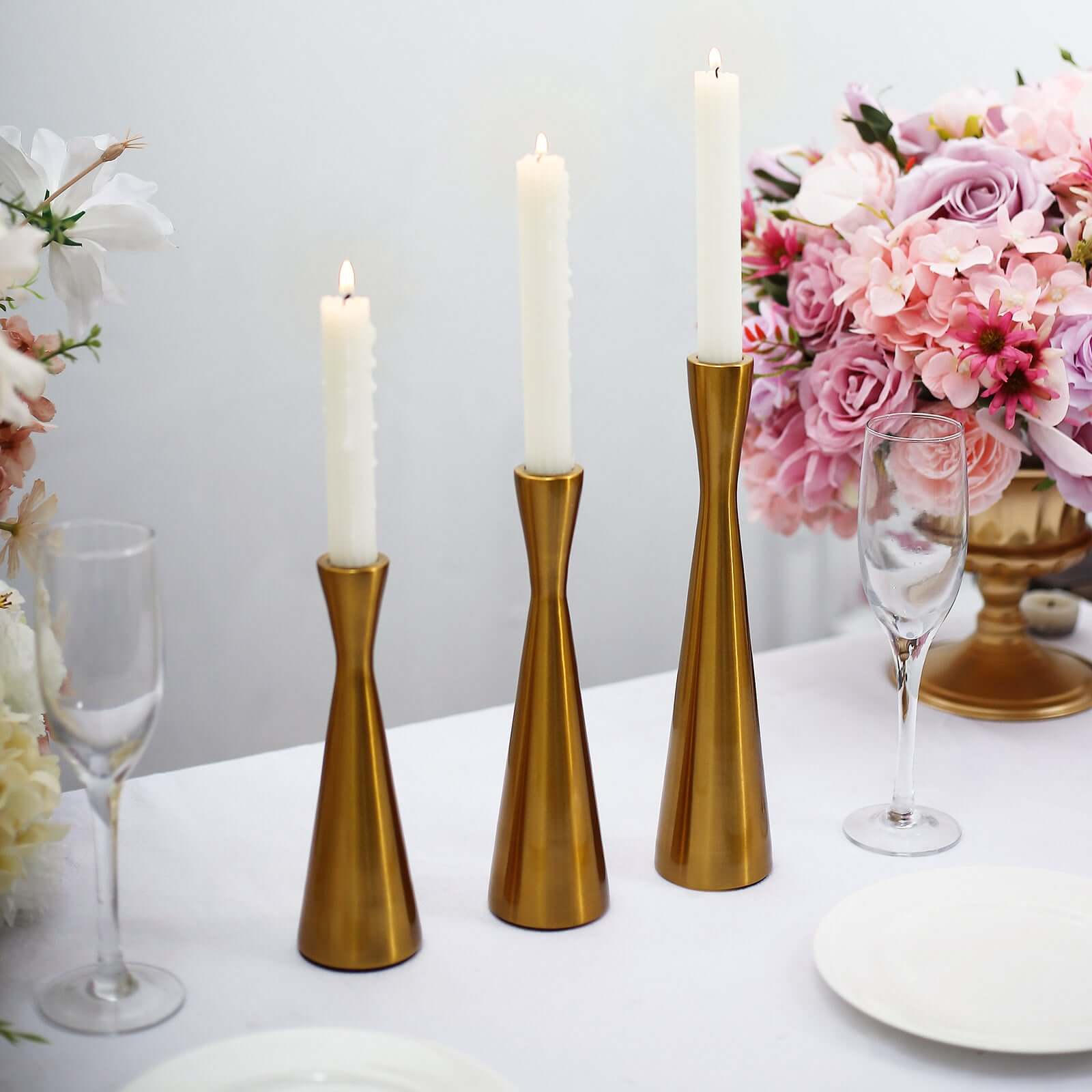 Set of 3 Hourglass Taper Candle Holders Gold Metal Nordic European Design - Tabletop Decor 8", 9", 11"