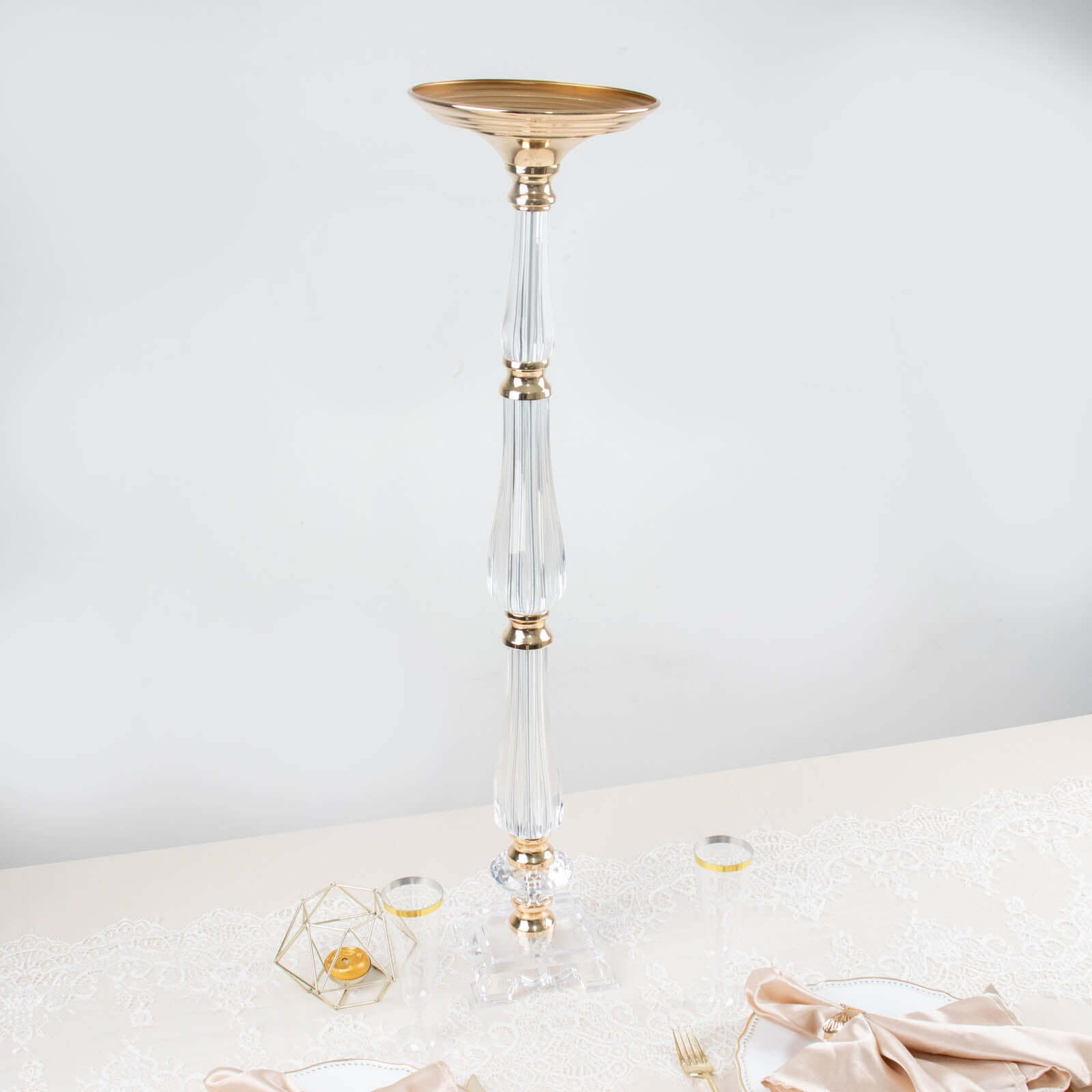 Acrylic Crystal Pillar Candle Stand Gold/Clear - Table Centerpiece and Wedding Flower Bowl Pedestal 32"