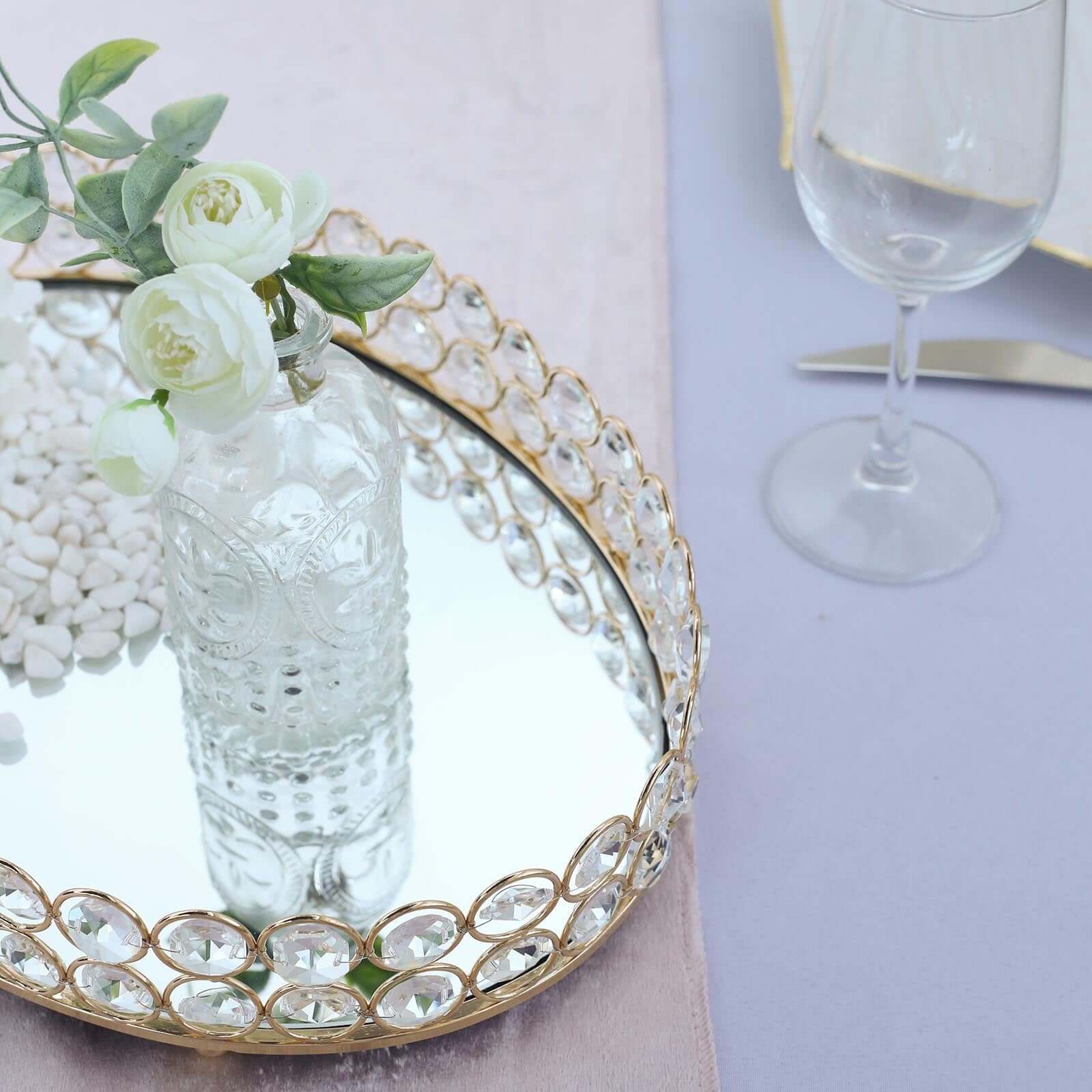Gold Metal Crystal Beaded Mirror Oval Vanity Serving Tray, Decorative Tray - Medium 14"x10"