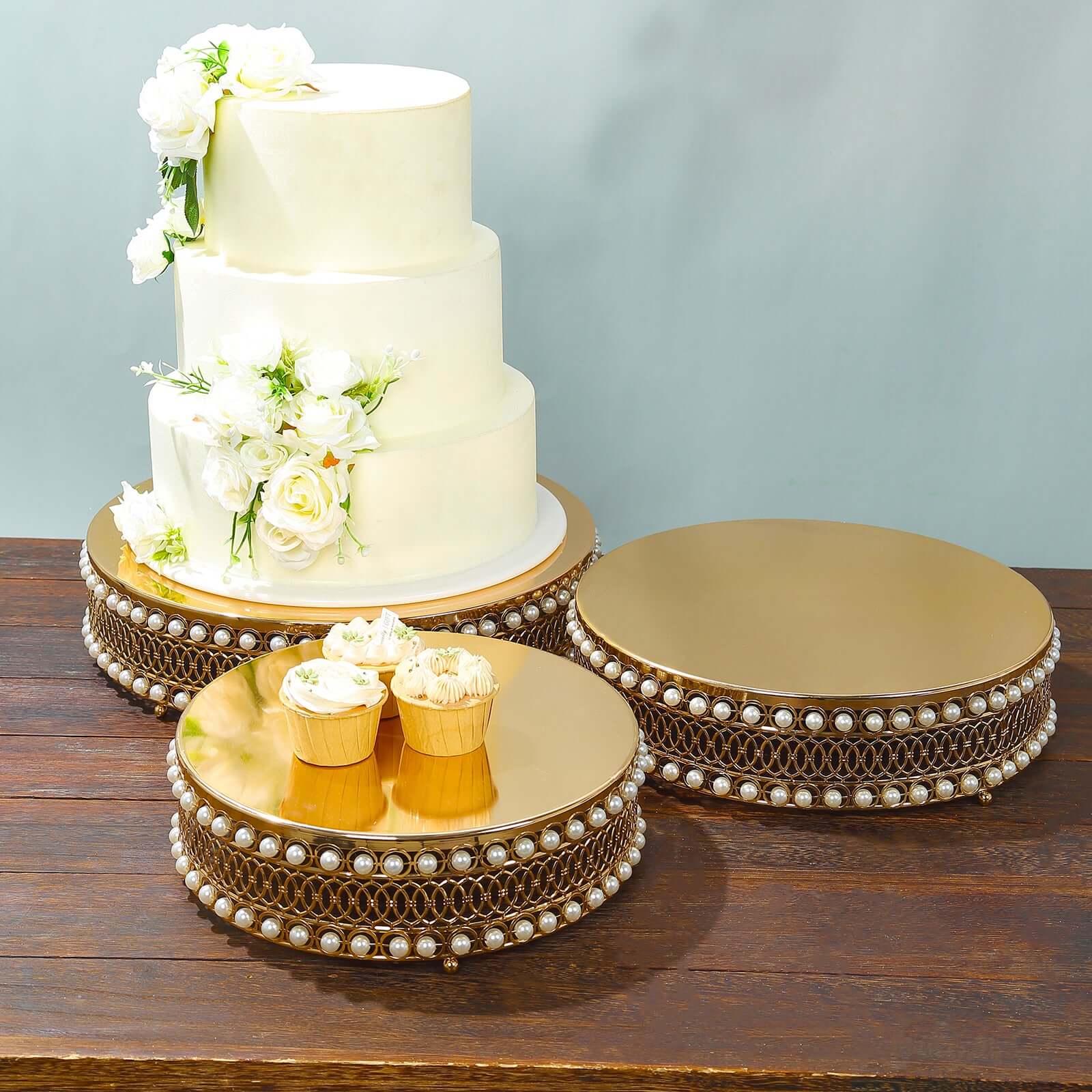 Set of 3 Cake Stands Round Design with Mirror Top Gold - Pearl Beaded Stackable Cupcake Holders Metal 12", 14", 16"