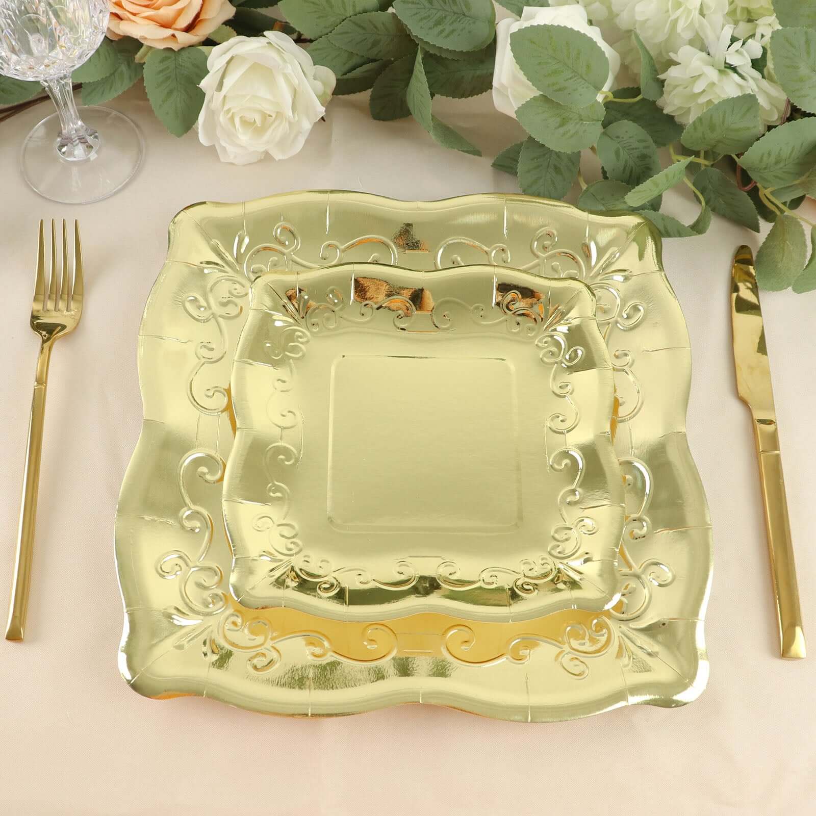 25-Pack Paper 11" Square Dinner Plates in Gold with Vintage Pottery Embossed Design - Shiny Metallic Disposable Serving Plates for Glamorous Dinners & Events