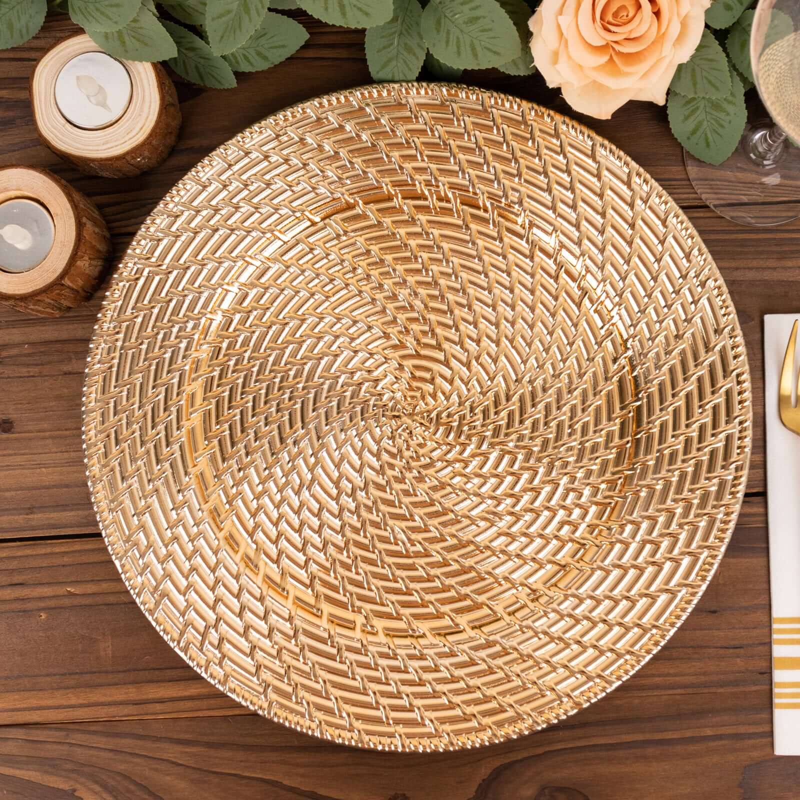 6-Pack Acrylic Round Charger Plates 13" in Metallic Gold with Swirl Rattan Pattern, Farmhouse Plastic Charger Tableware
