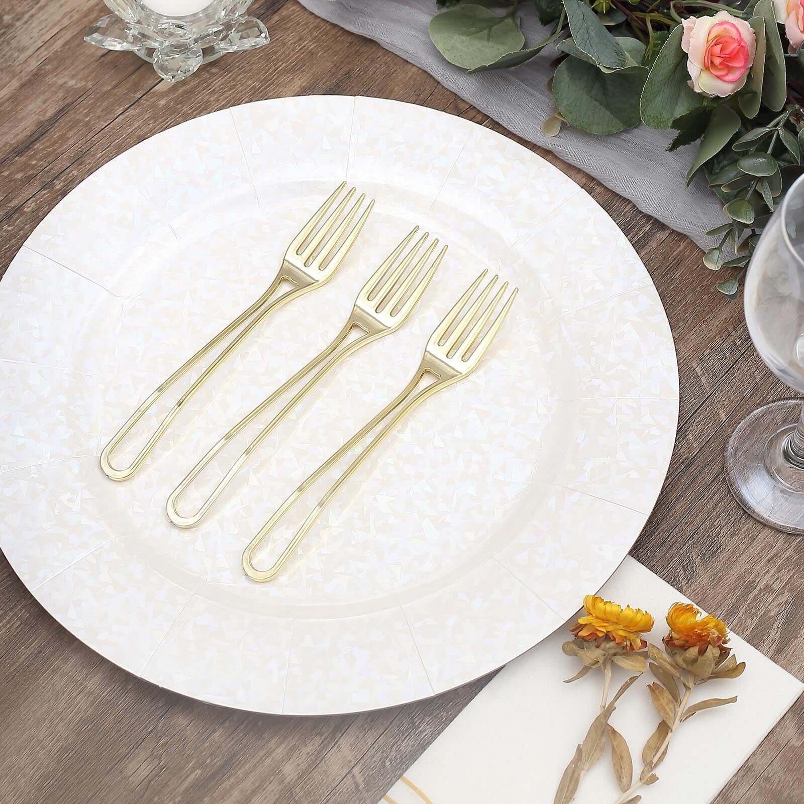 24-Pack Plastic Forks with Modern Hollow Handle Design Gold - Stylish Disposable Utensils 7"