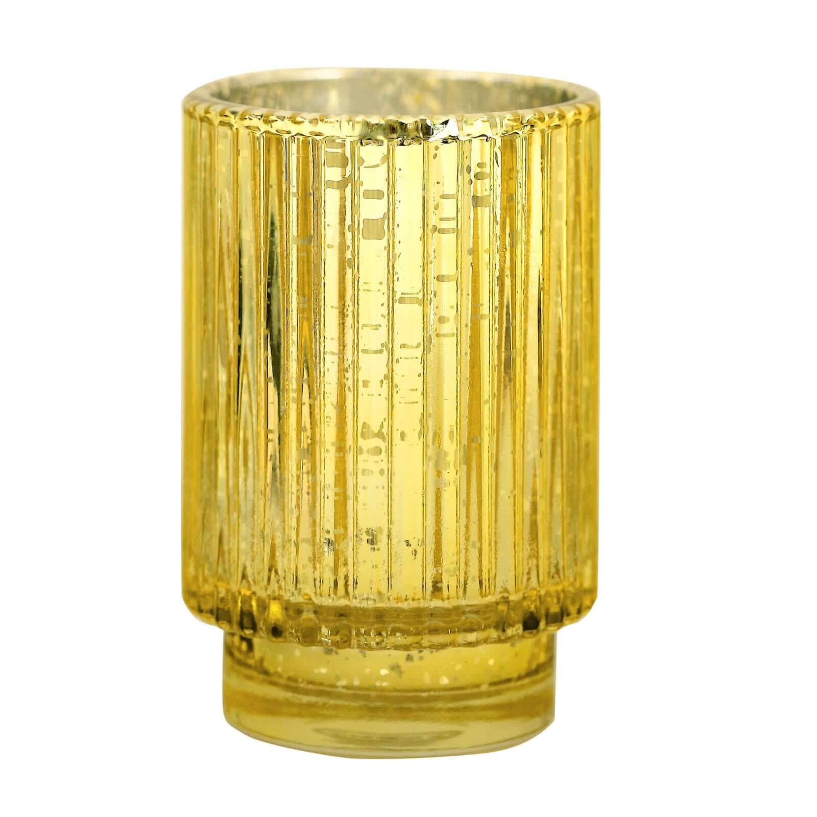 3-Pack Mercury Glass Hurricane Candle Holders Gold Wavy Column Design - Votive Pillar Vase 5"