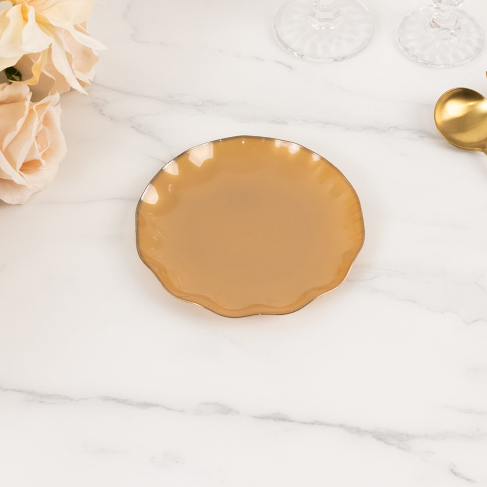 10-Pack Plastic Round 6" Dessert Plates in Gold with Ruffled Rim - Sturdy Disposable Salad Appetizer Dinnerware for Classy Events & Banquets