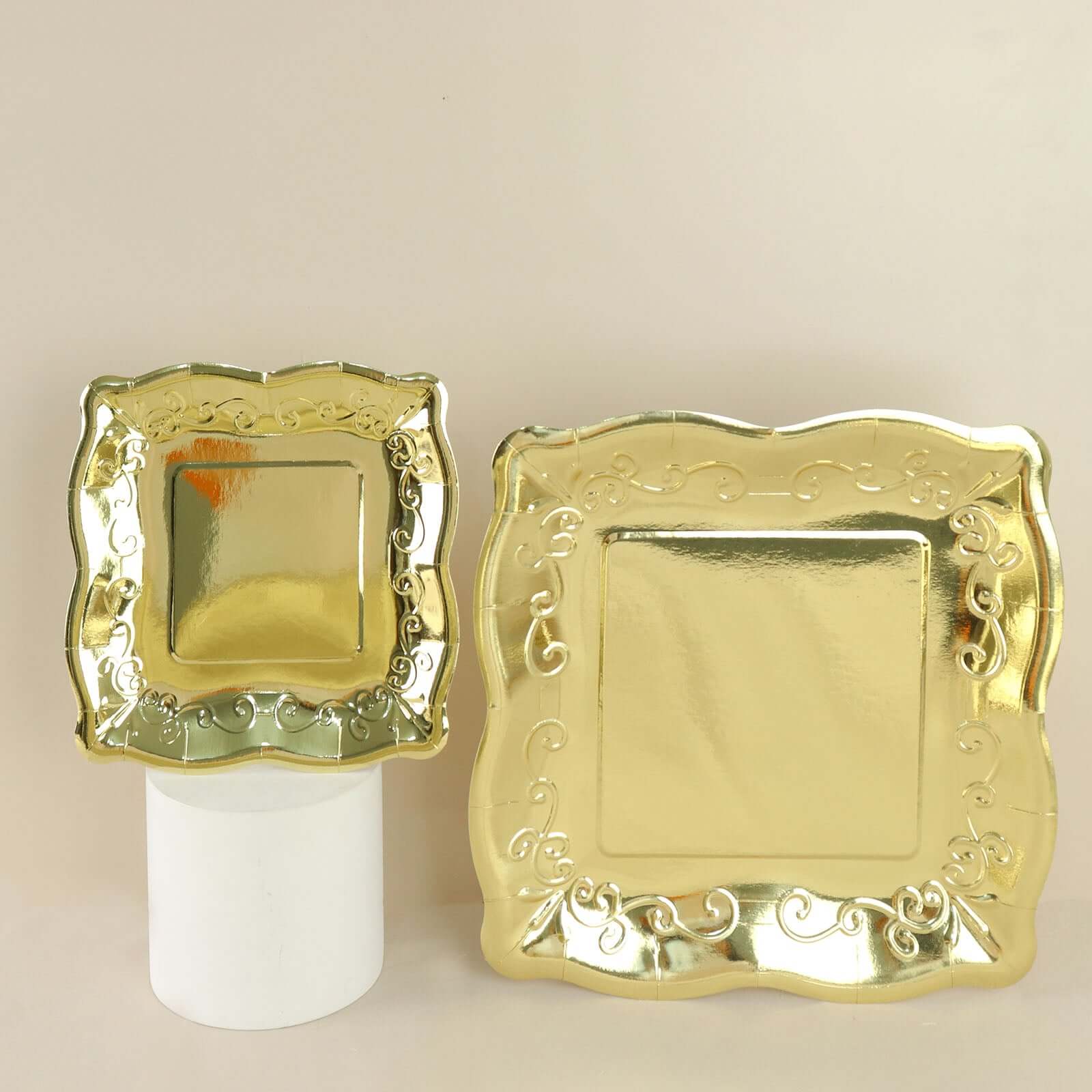 25-Pack Paper 7" Square Dessert Plates in Gold with Vintage Pottery Embossed Design - Shiny Metallic Disposable Appetizer Plates for Luxe Gatherings & Celebrations