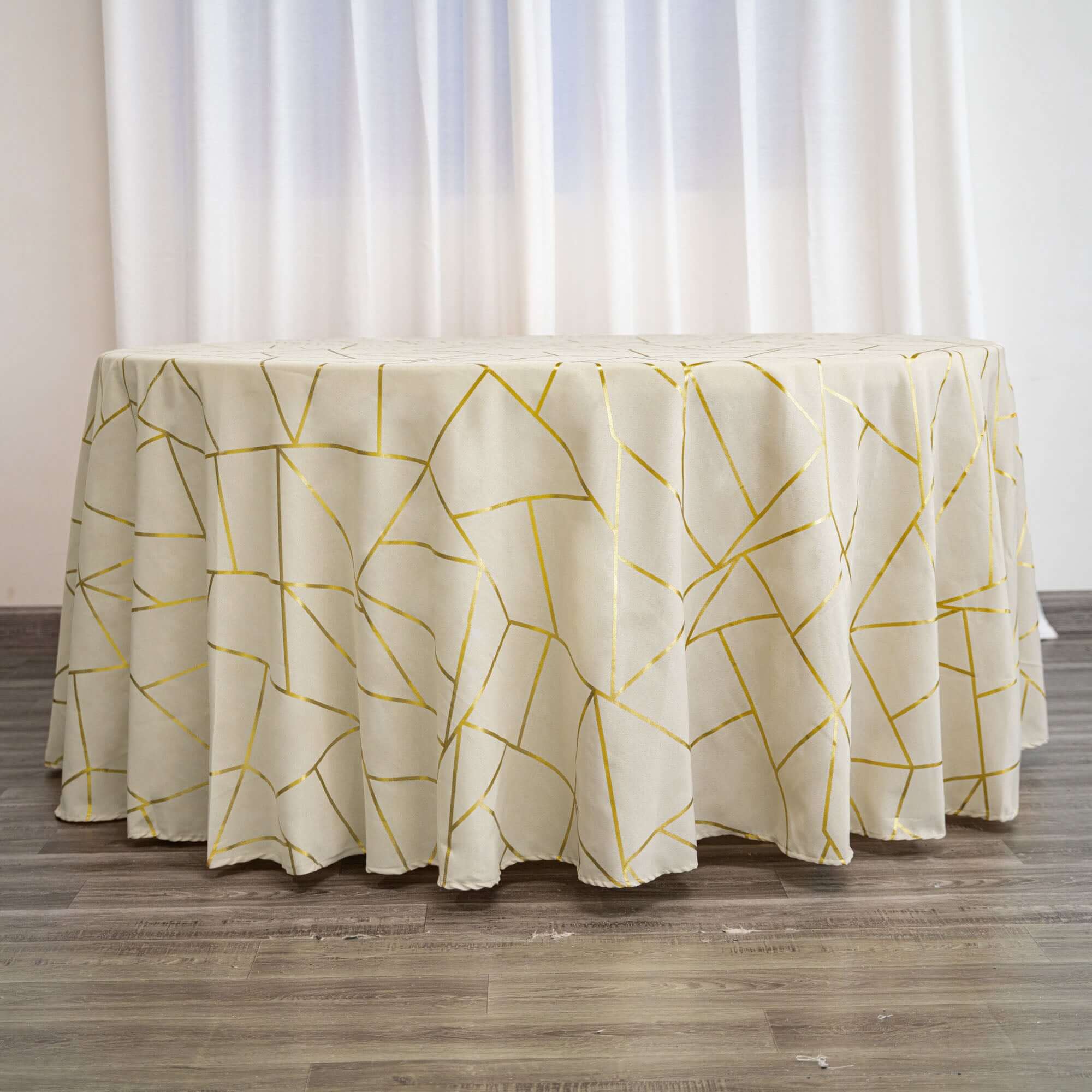 Polyester 120" Round Tablecloth Beige with Gold Foil Geometric Pattern Wrinkle-Resistant Seamless Table Cover