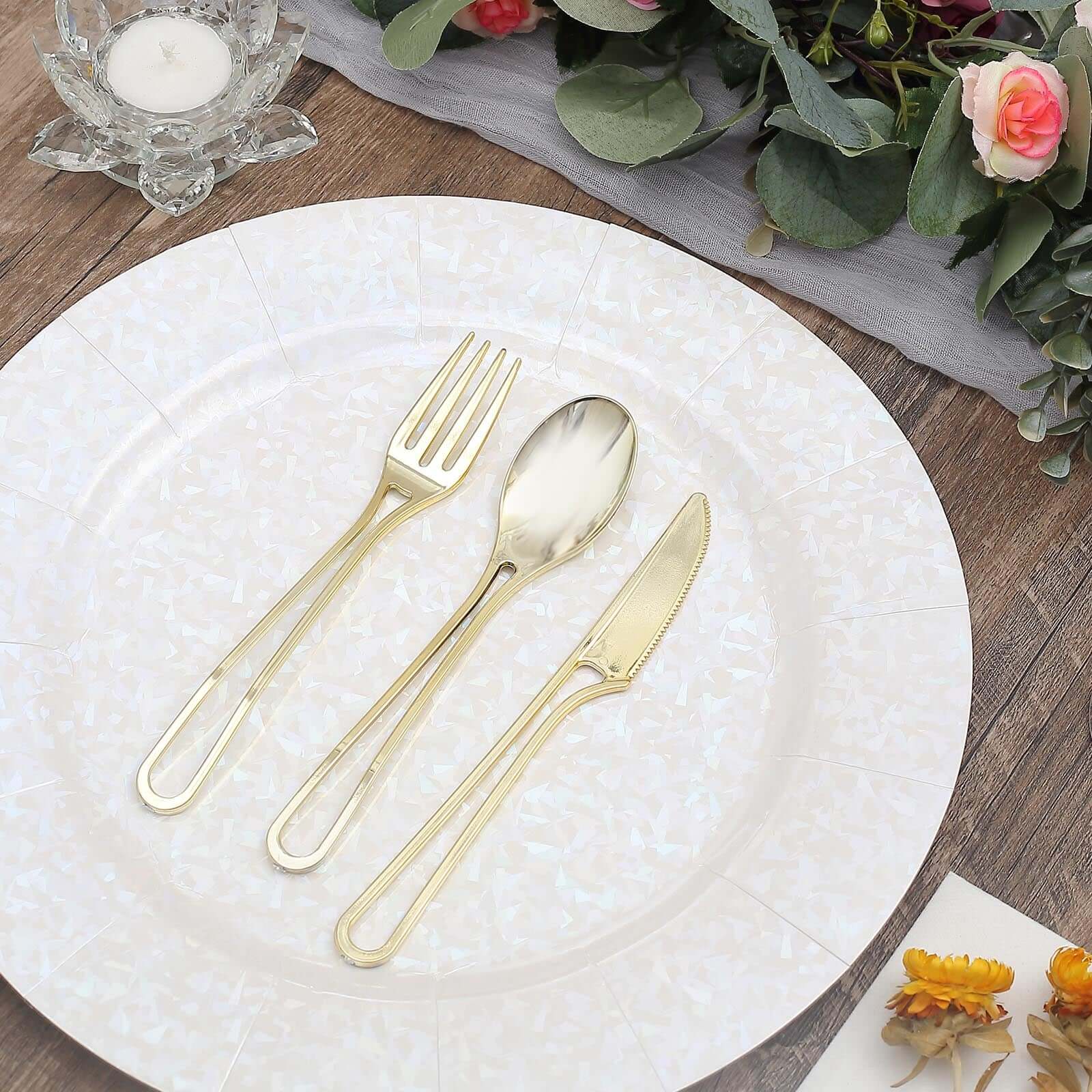 24-Pack Plastic Utensil Set with Modern Hollow Handle Design Gold - Disposable Silverware 7" for Parties