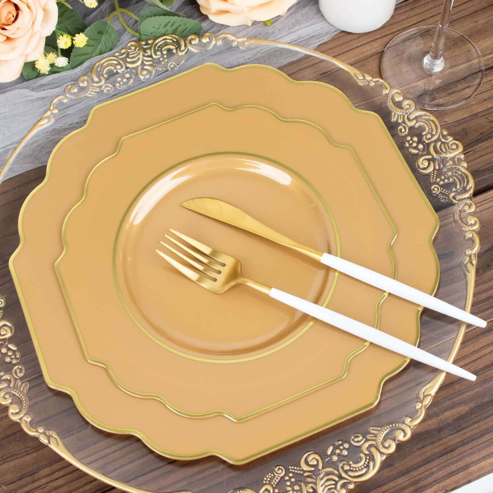 10-Pack Plastic Dinner Plates in Gold Baroque Design with Scalloped Gold Rim - Heavy Duty Disposable Party Plates for Events & Banquets 11"