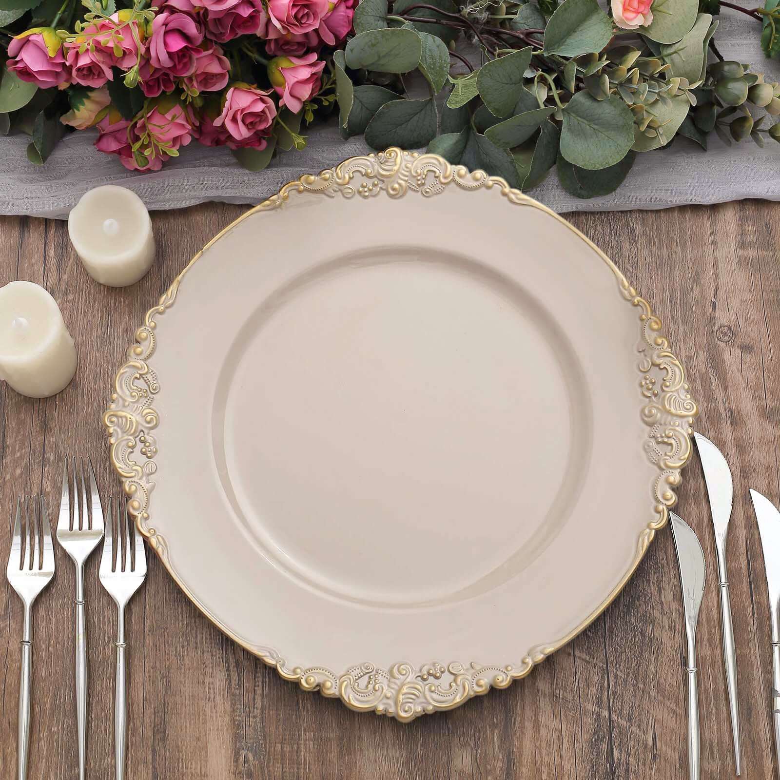 6-Pack Acrylic Round Charger Plates 13" in Nude Taupe with Gold Embossed Baroque Rim, Antique Decorative Dinner Party Charger Tableware
