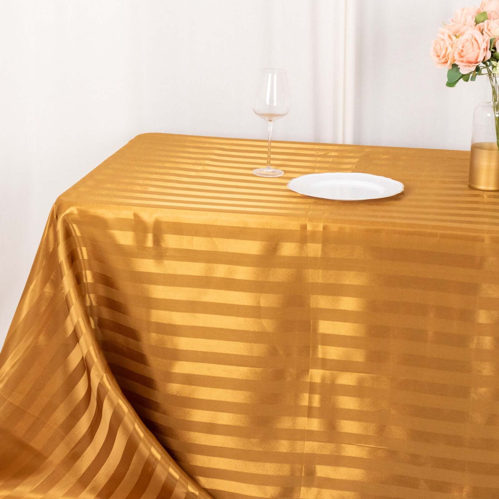 Satin Striped 90"x132" Rectangular Tablecloth Gold Satin Stripe - Seamless Silky Smooth Table Cover