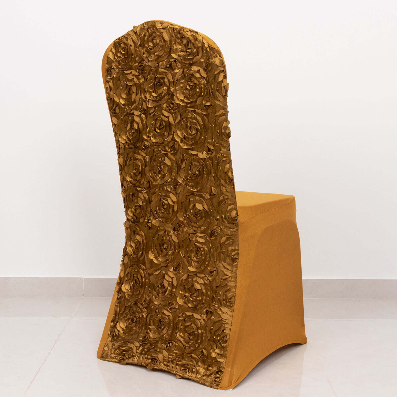 Satin Rosette Chair Cover for Banquet Chairs Gold - Stylish Stretch Fitted Slip-On Design for Sophisticated Gatherings