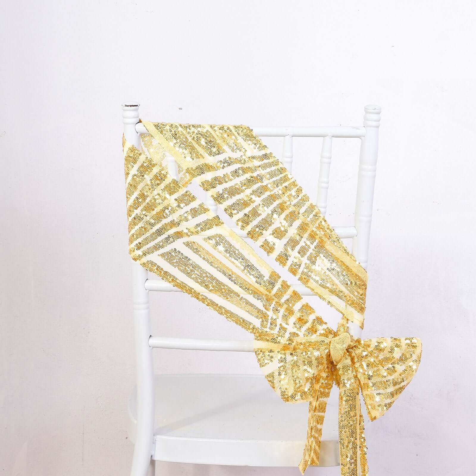5 Pack Glitz Sequin Chair Sashes with Geometric Diamond Design 6"x88" Gold - Glittering Accent for Weddings