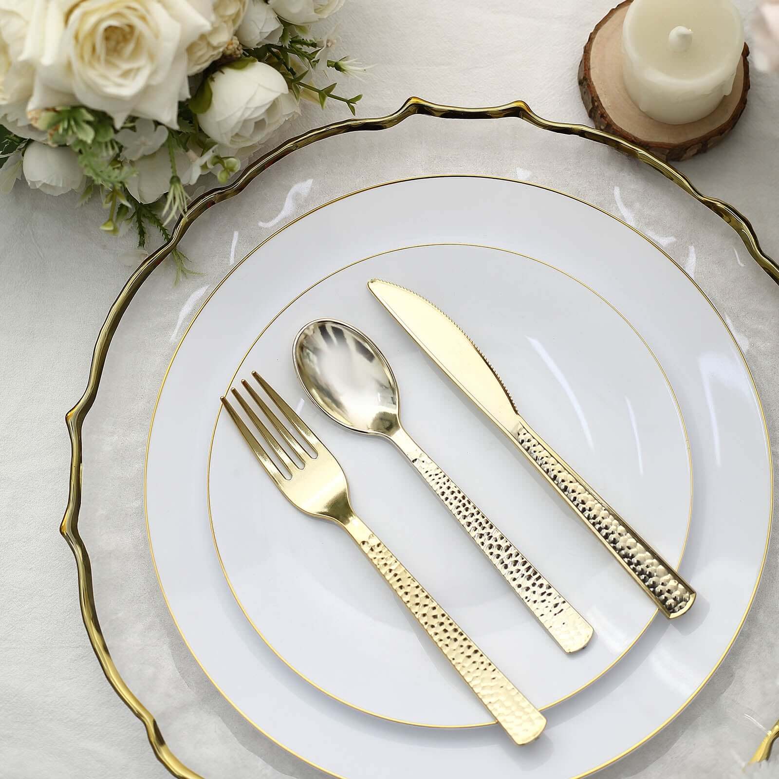 24-Pack Plastic Silverware Set with Hammered Design Gold - Heavy Duty Disposable Utensils 7"