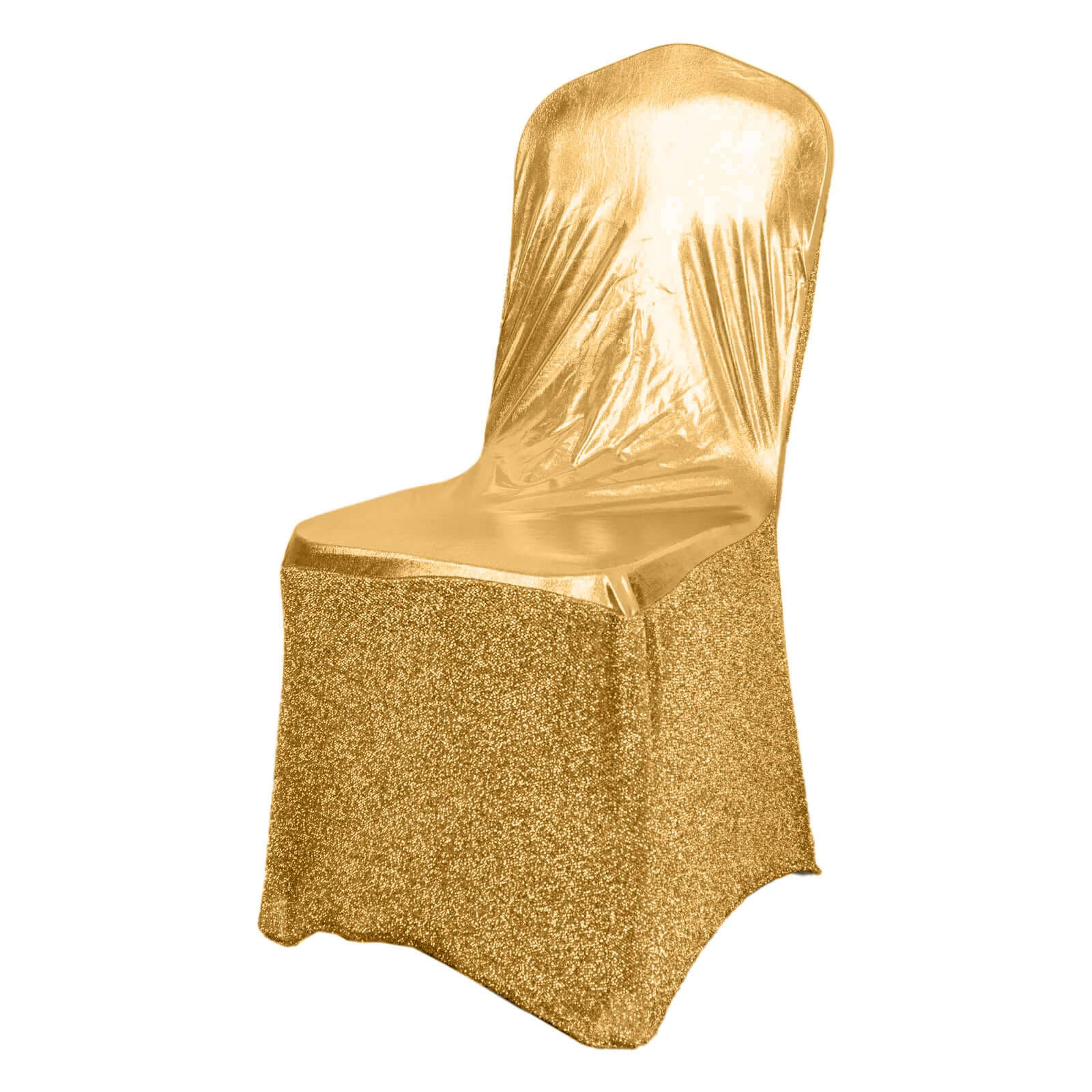Spandex Banquet Chair Cover Metallic Gold Tinsel with Sash and Rhinestone Buckle - Luxe Shimmering Fitted Slipcover for Events