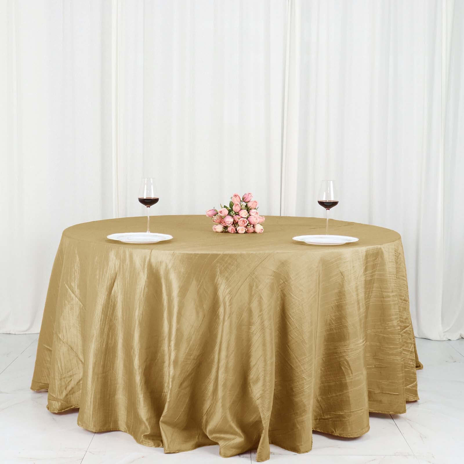 Taffeta 132" Round Tablecloth Gold - Seamless Accordion Crinkle Design for Exquisite Occasions