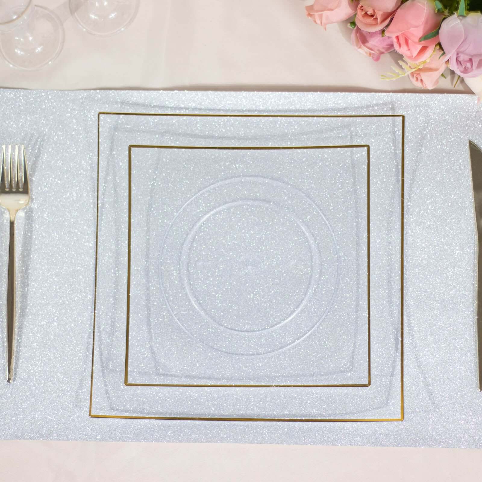 10-Pack Plastic 8" Square Dessert Plates in Clear Concave Style with Gold Rim - Modern Disposable Salad Appetizer Party Plates