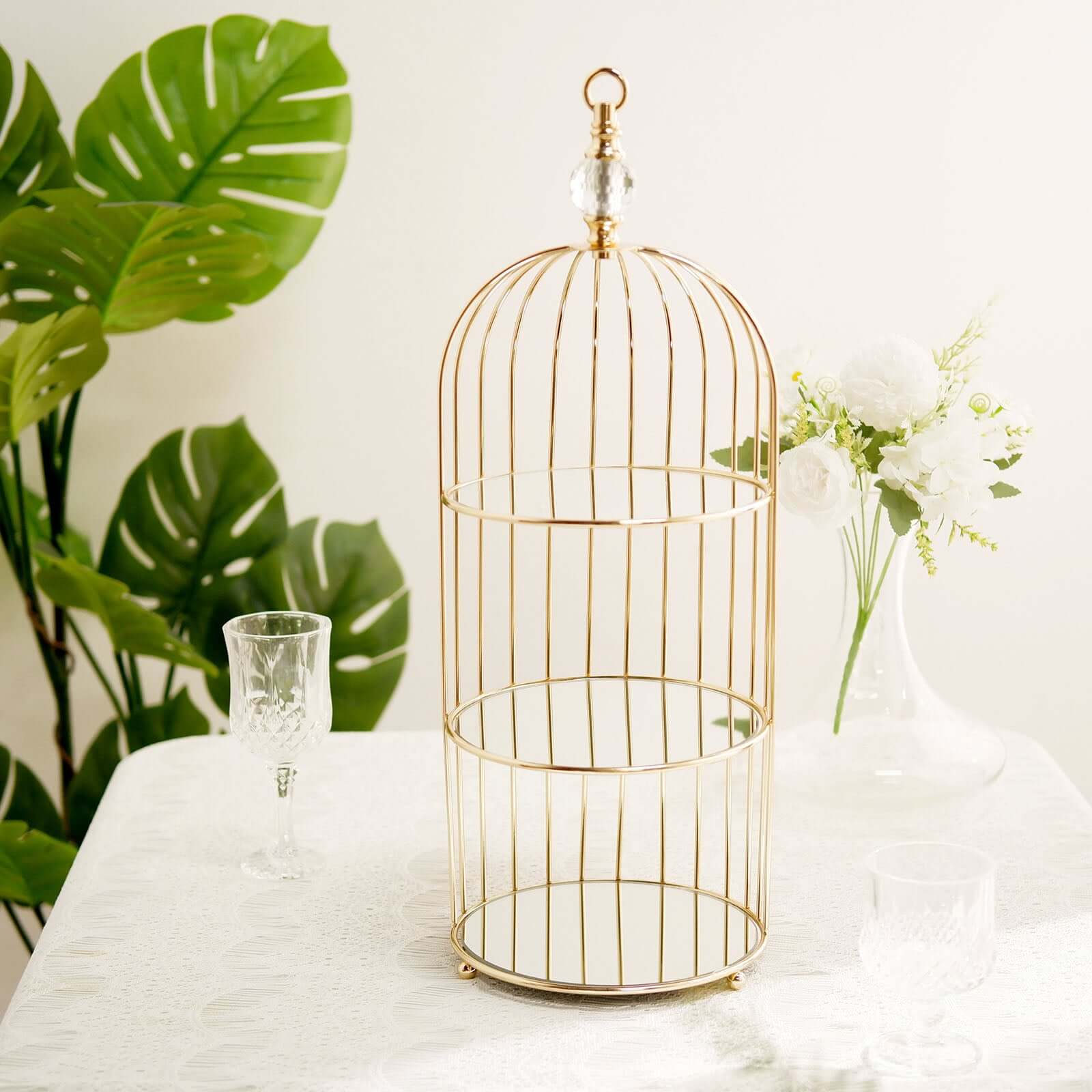 3-Tier Cupcake Cake Stand Bird Cage Design with Crystal Top Mirror Base - Serving Tray with Hanging Option 22"
