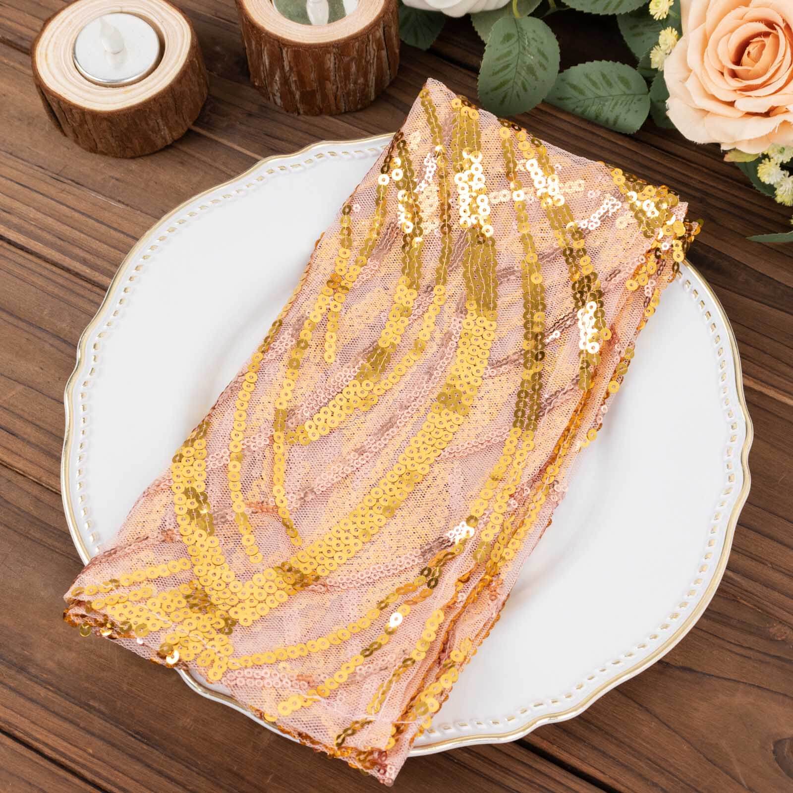 Sequin Mesh 20"x20" Napkin Rose Gold - Wave Embroidered Reusable Napkin