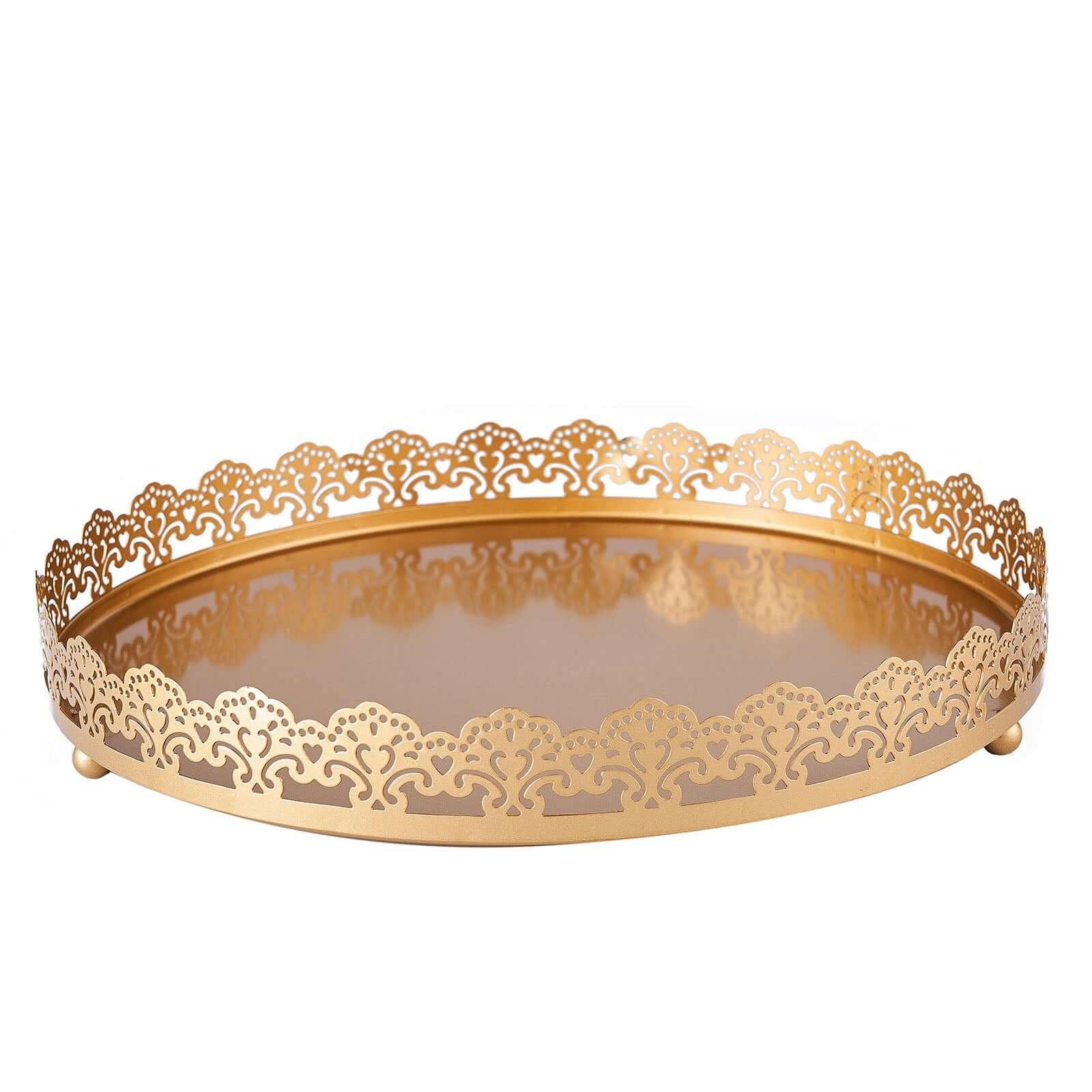 12" Gold Premium Metal Decorative Vanity Serving Tray, Round With Embellished Rims