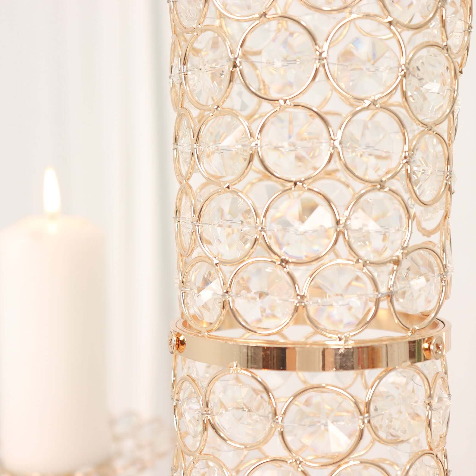 Metal Hurricane Floral Vase Centerpiece Metallic Gold with Crystal Beaded Design - Decorative Table Piece 36"
