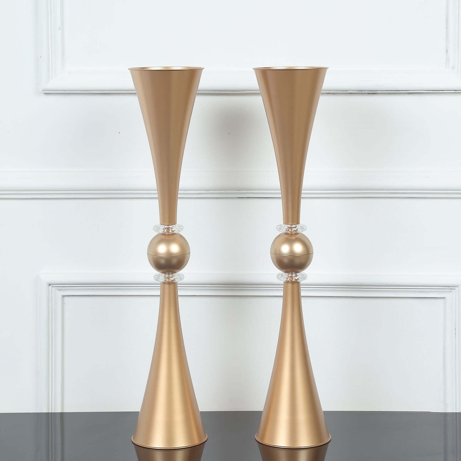 2-Pack Flower Vases Trumpet Design with Crystal Embellishments Gold - Reversible Plastic Centerpieces for Events 27"