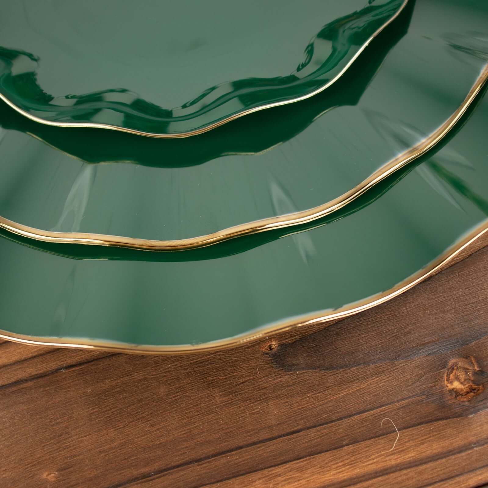 10-Pack Plastic 9" Round Dinner Plates in Hunter Emerald Green Ruffled Rim with Gold Edging - Sturdy Disposable Dinnerware