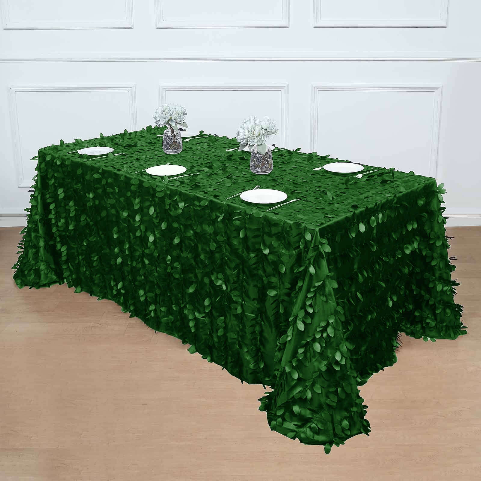 Taffeta 90"x132" Rectangle Tablecloth Green | 3D Leaf Petal Design Seamless Table Cover