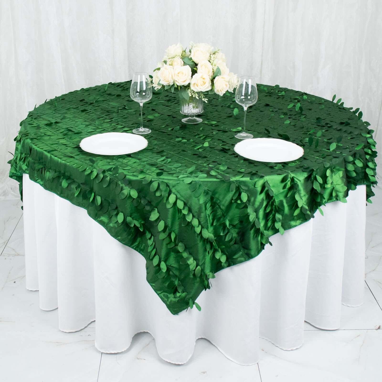 Taffeta 72"x72" Table Overlay Square Tablecloth Green - 3D Leaf Petal Table Cover