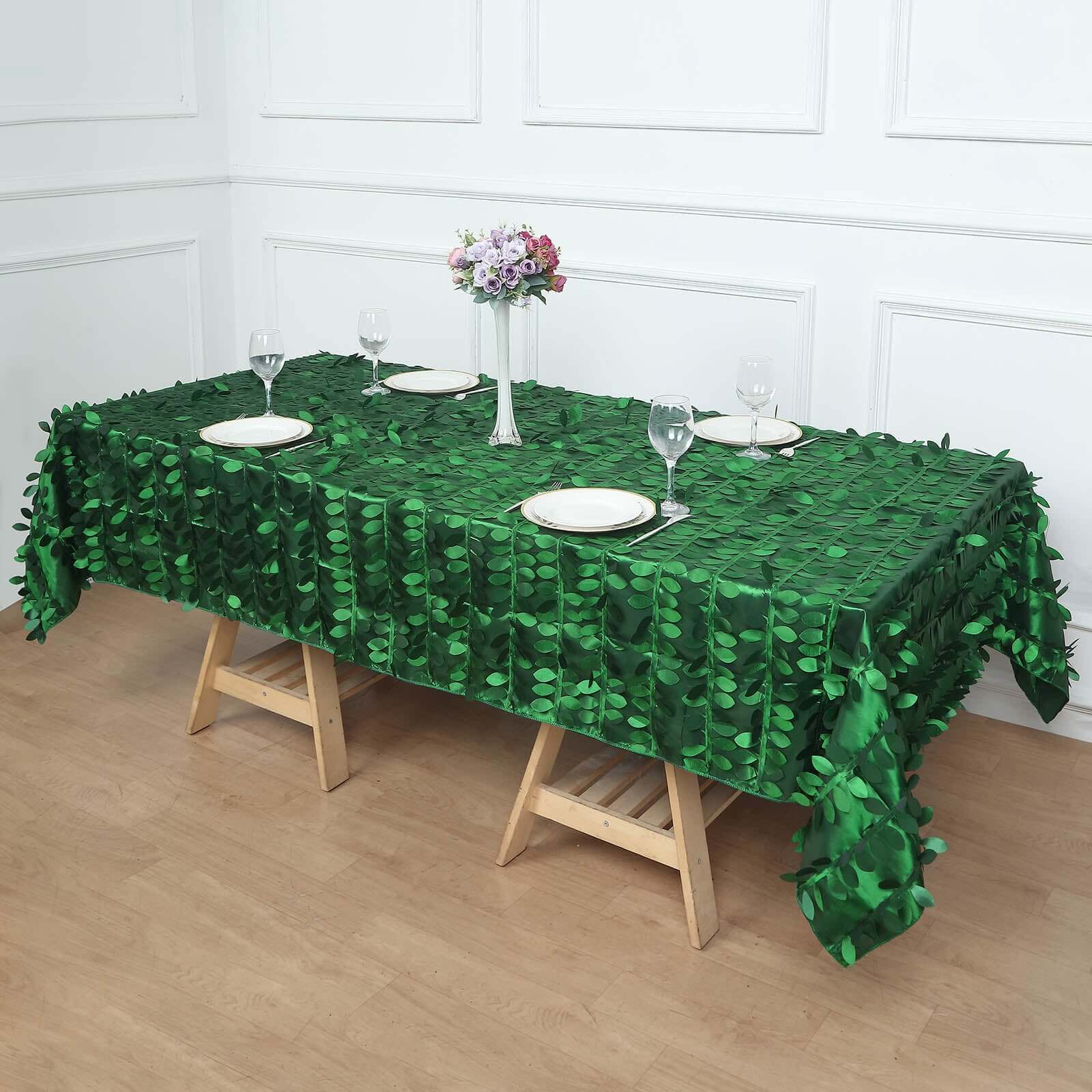 Taffeta 60"x102" Rectangle Tablecloth Green | Exquisite 3D Leaf Petal Design for Chic Wedding & Event Decor