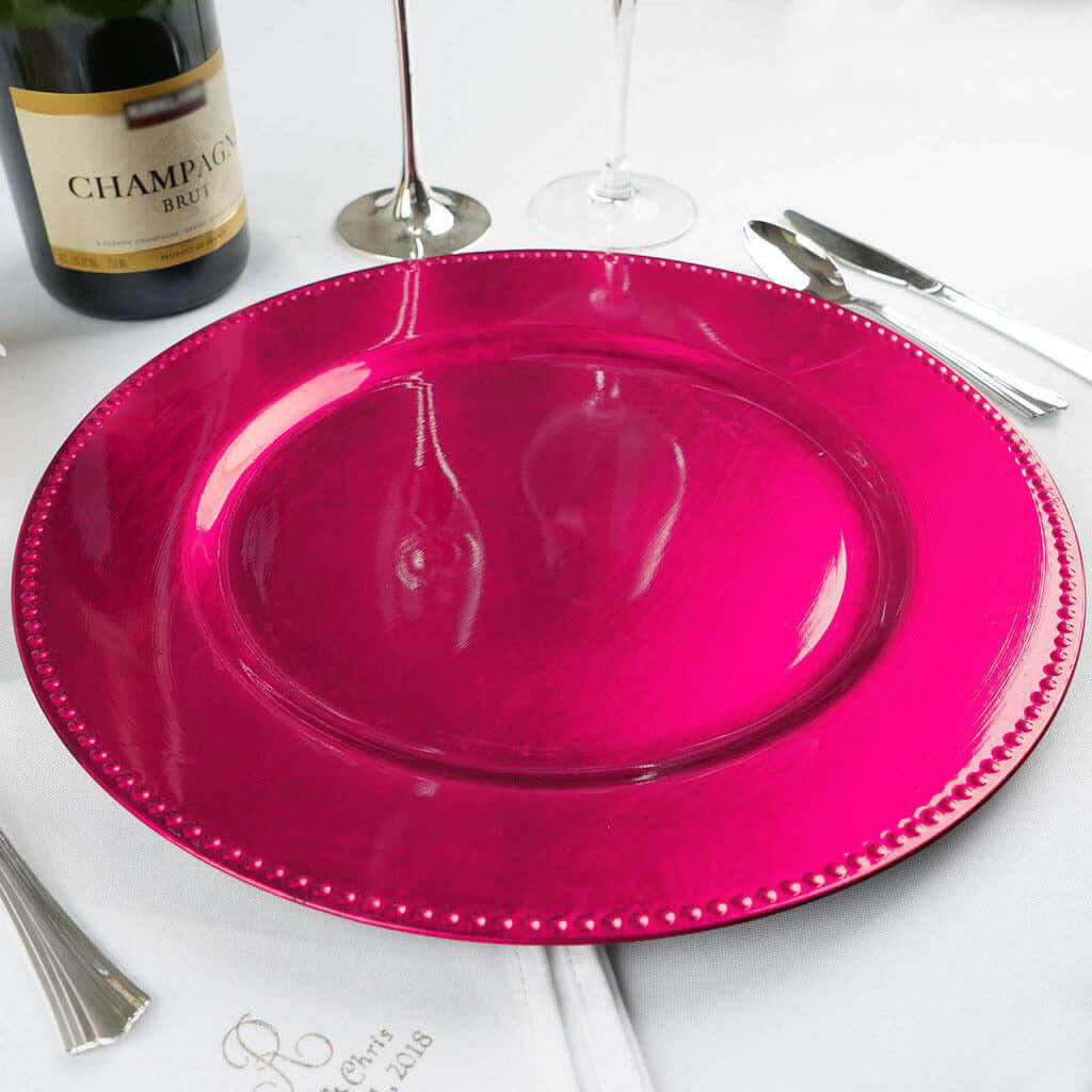 6-Pack Acrylic Round Charger Plates 13" in Hot Pink with Beaded Rim, Dinner Charger Event Tabletop Decor