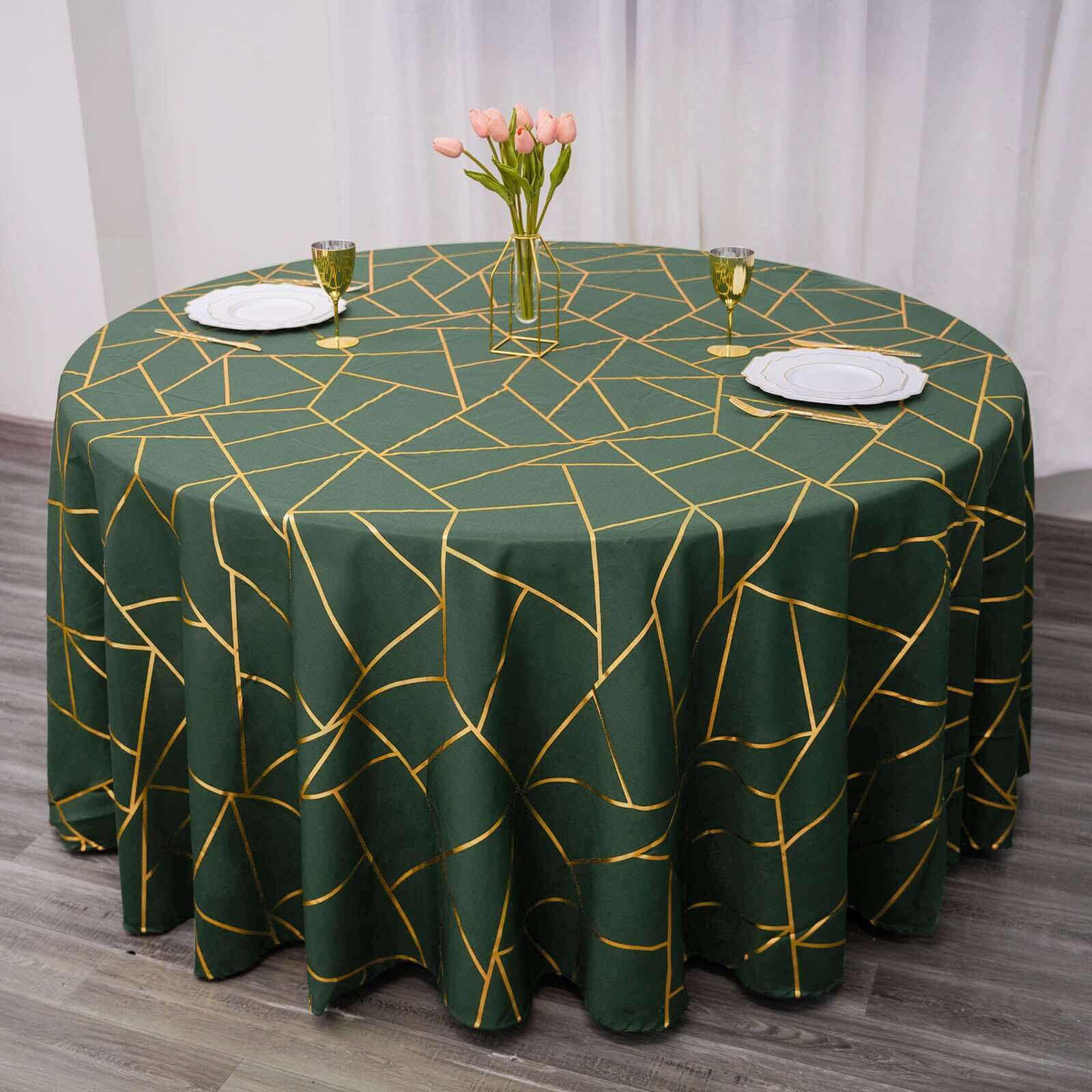 Polyester 120" Round Tablecloth Hunter with Gold Foil Geometric Pattern Wrinkle-Resistant Seamless Table Cover