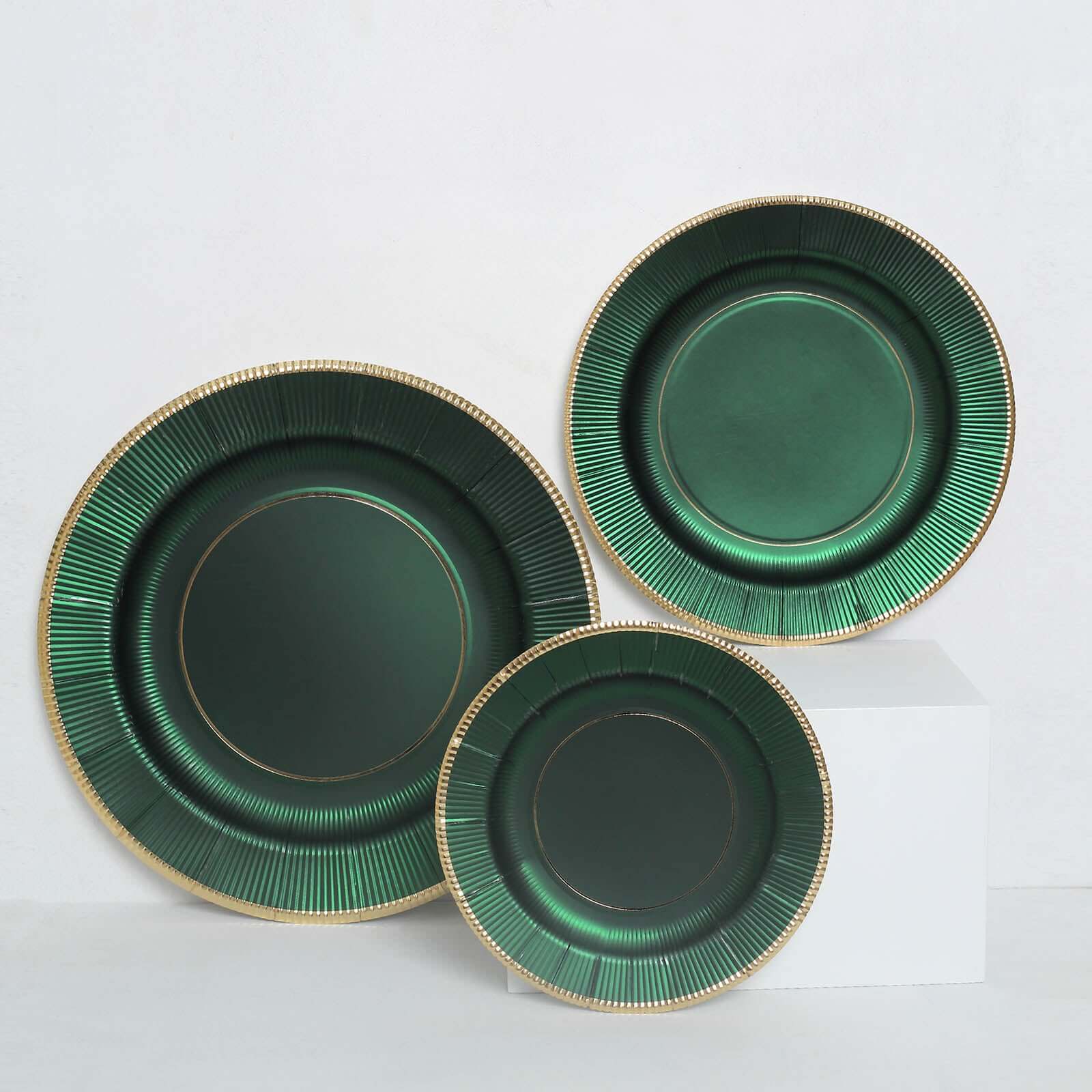 25-Pack Disposable Round Charger Plates in Hunter Emerald Green Sunray Design with Gold Rim - 350GSM Heavy Duty Paper Chargers 13"